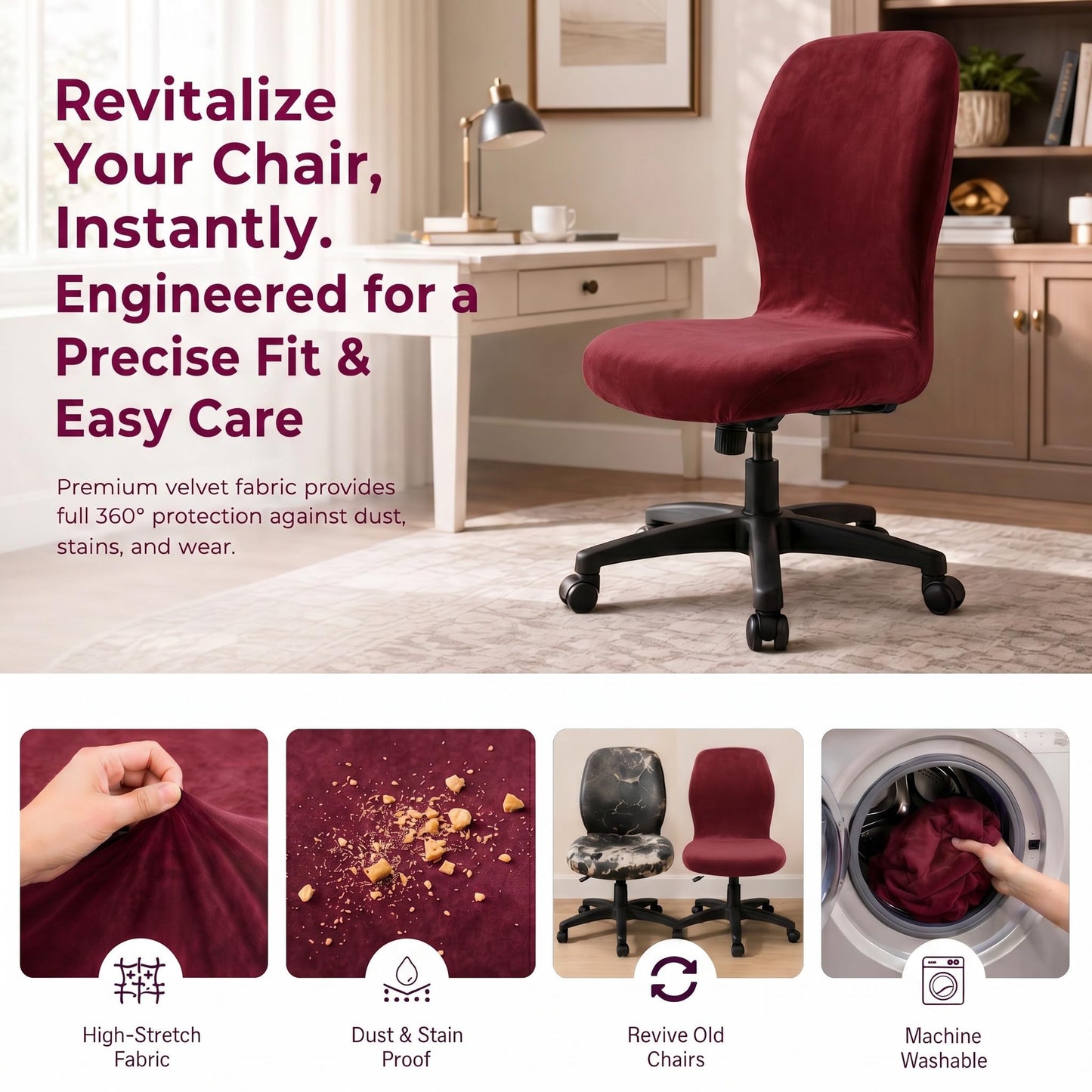 Deisy Dee Velvet Stretch Armless Office Chair Covers - Colorful Stretch Slipcover for Desk Chairs (Burgandy)