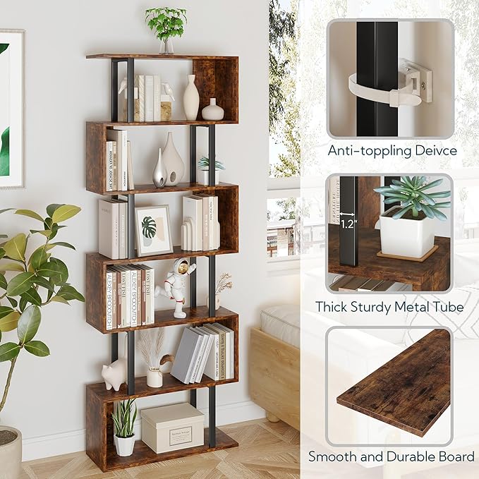 Yusong Geometric Bookcase, S Shaped Bookshelf 6-Tier Book Shelves