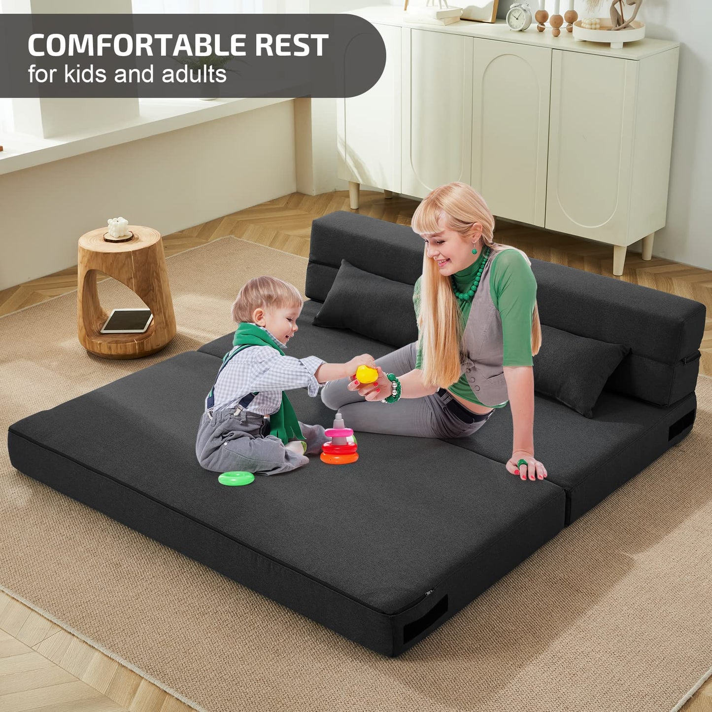 SUYOLS Folding Sofa Bed with Pillows- Convertible Chair Floor Couch & Sleeping Mattress, Foldable Memory Foam Sleeper for Living Room/Dorm/Guest Room/Home Office/Apartment/Loft, Queen, Dark Gray