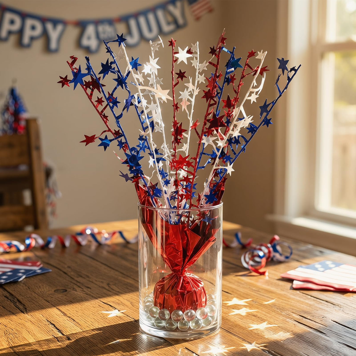 6pcs 4th of July Table Centerpiece Decoration Patriotic Metallic Foil Spray Star Burst Decoration for Independence Day 250th Anniversary Memorial Labor Veteran Day Red White Blue