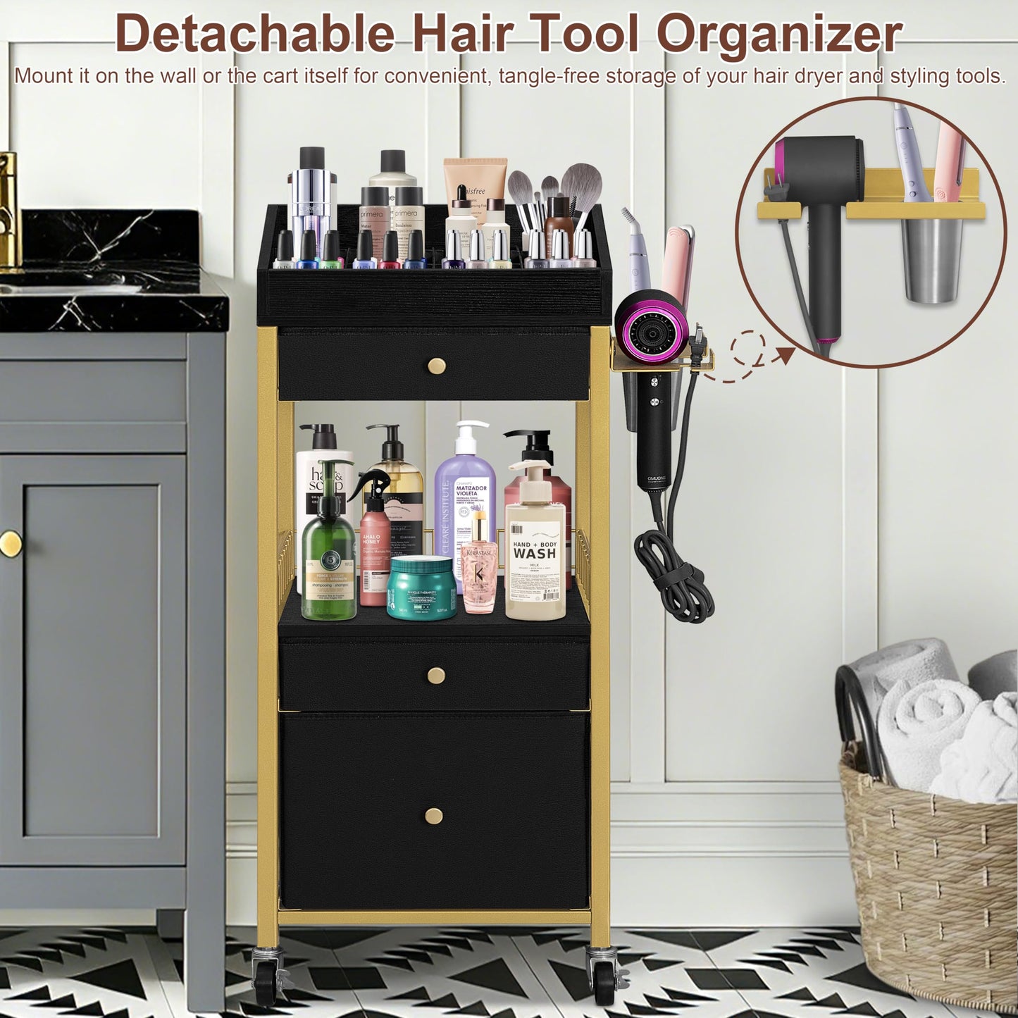 NauwaBarn Makeup Organizer Cart with 3 Drawers, Rolling Vanity Organizer with Detachable Hair Tool Holder & Wheels, Floor Makeup Storage Cart for Skincare, Perfume, Nail Polish, Gold & Black