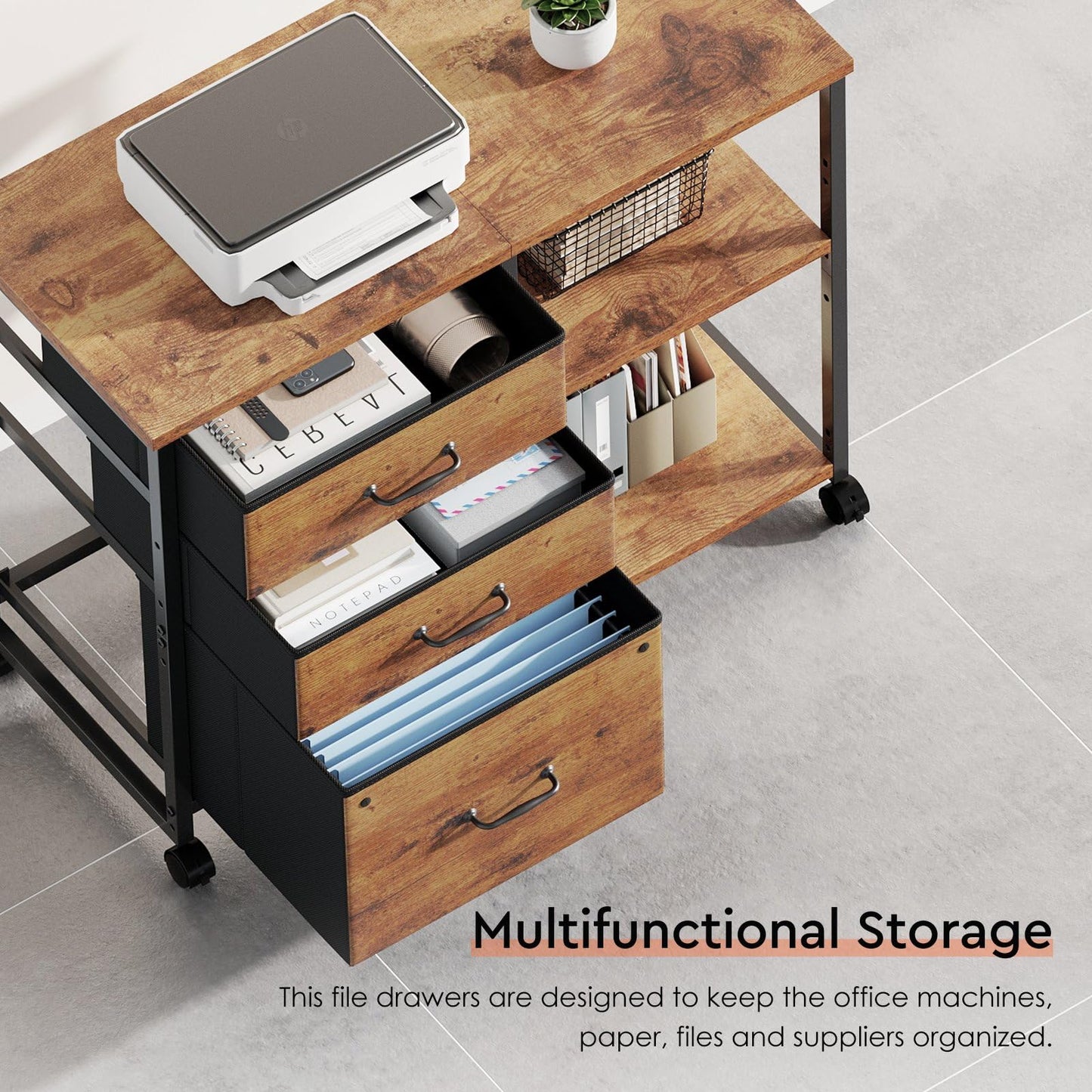 Maihail 3 Drawer File Cabinet with Wheels Rolling Printer Stand with Open Storage Shelf Fabric Lateral Filing Cabinet for Home Office,Rustic Brown2