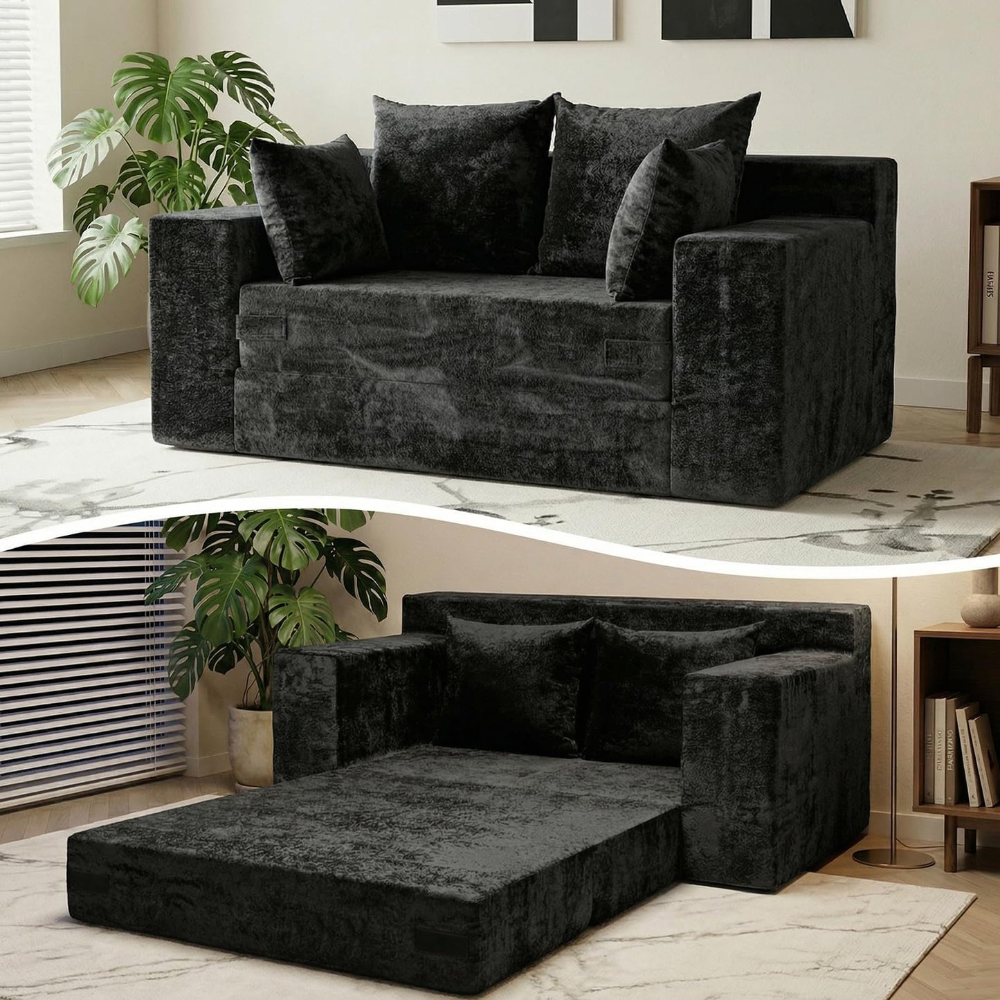 Winzoo Boneless Loveseat Sleeper Sofa Bed, 3-in-1 Convertible Sofa Bed and Floor Futon Couch (Velvet-Black, Loveseat (55"))