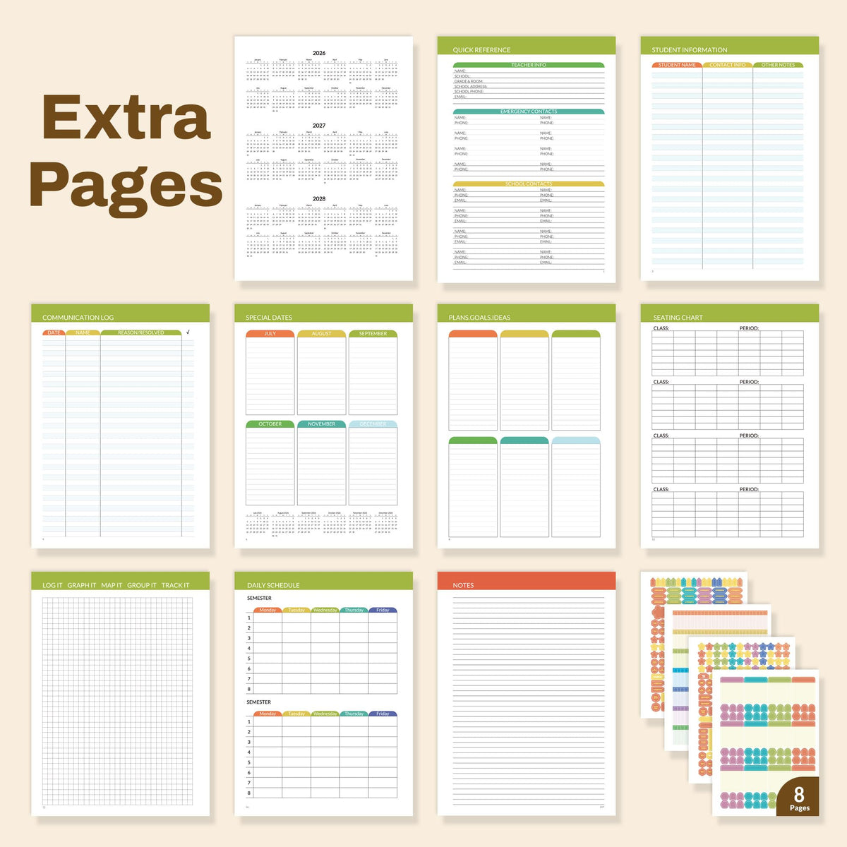 SUNEE Deluxe Teacher Planner 2026-2027, Lesson Planner Book with 7 Periods Jul 2026 - Jun 2027, 8.5" x 11" Weekly and Monthly Organizers with Colorful Tabs, Planning Stickers,120gms Paper,Retro Floral