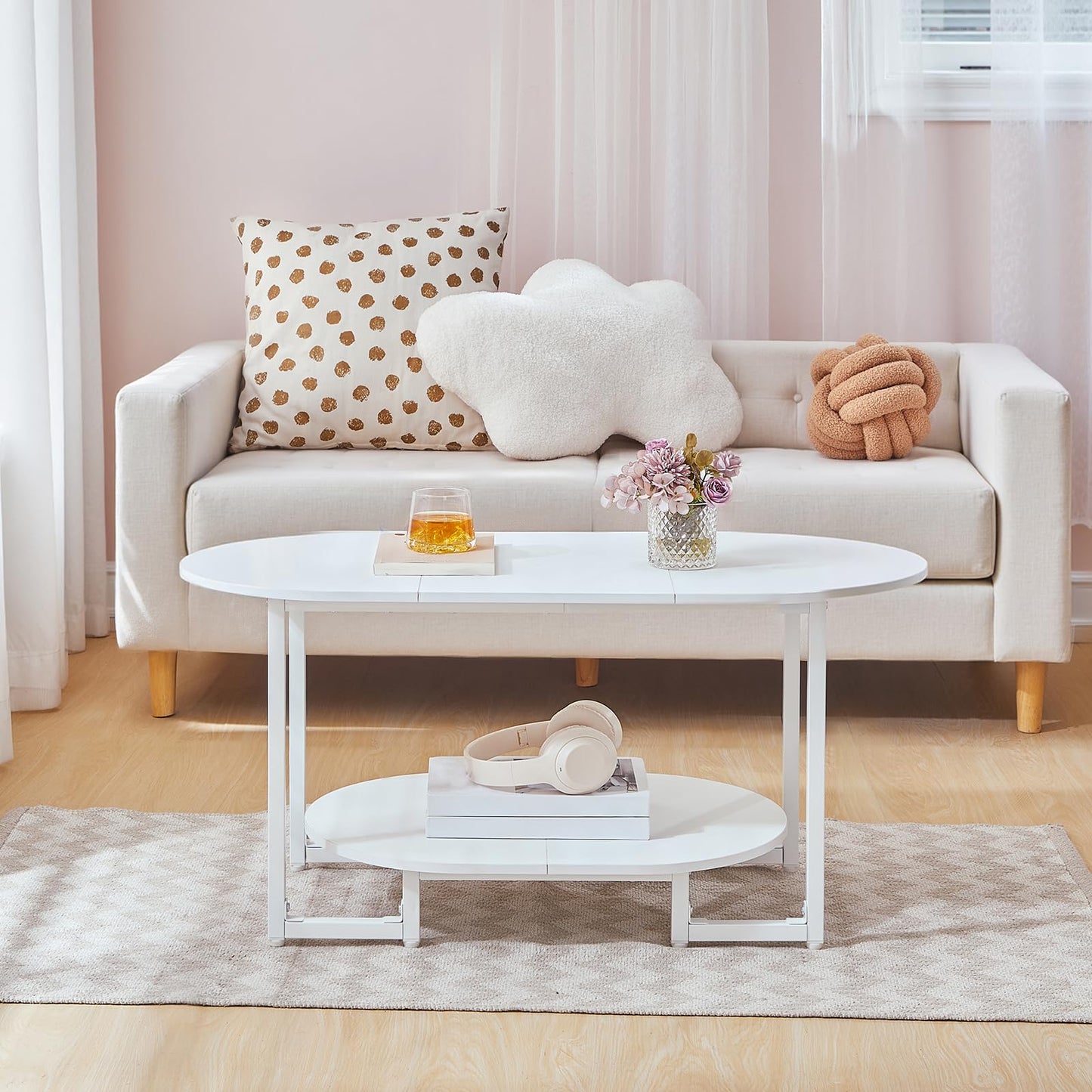 HOOBRO Coffee Table for Living Room, Oval Small Coffee Table with 2-Tier Open Storage Shelf, Industrial Cocktail Tea Table, Wooden Desktop Center Table, Farmhouse, Home Office, White WW09KF01