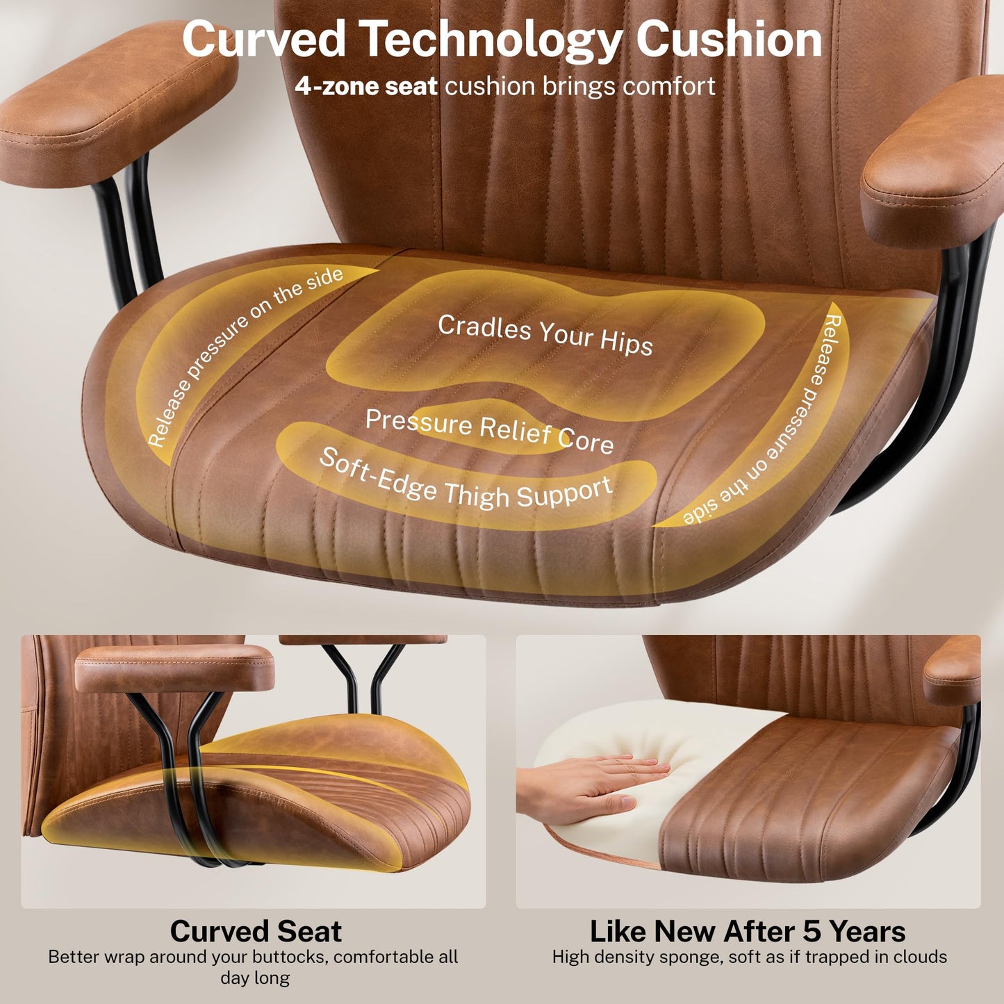 HeroSet Leather Office Chair with Removable Armrests, Mid Back Ergonomic Desk Chair with Lumbar Support, Adjustable Height Rocking Swivel Executive Chair for Home Office, Brown
