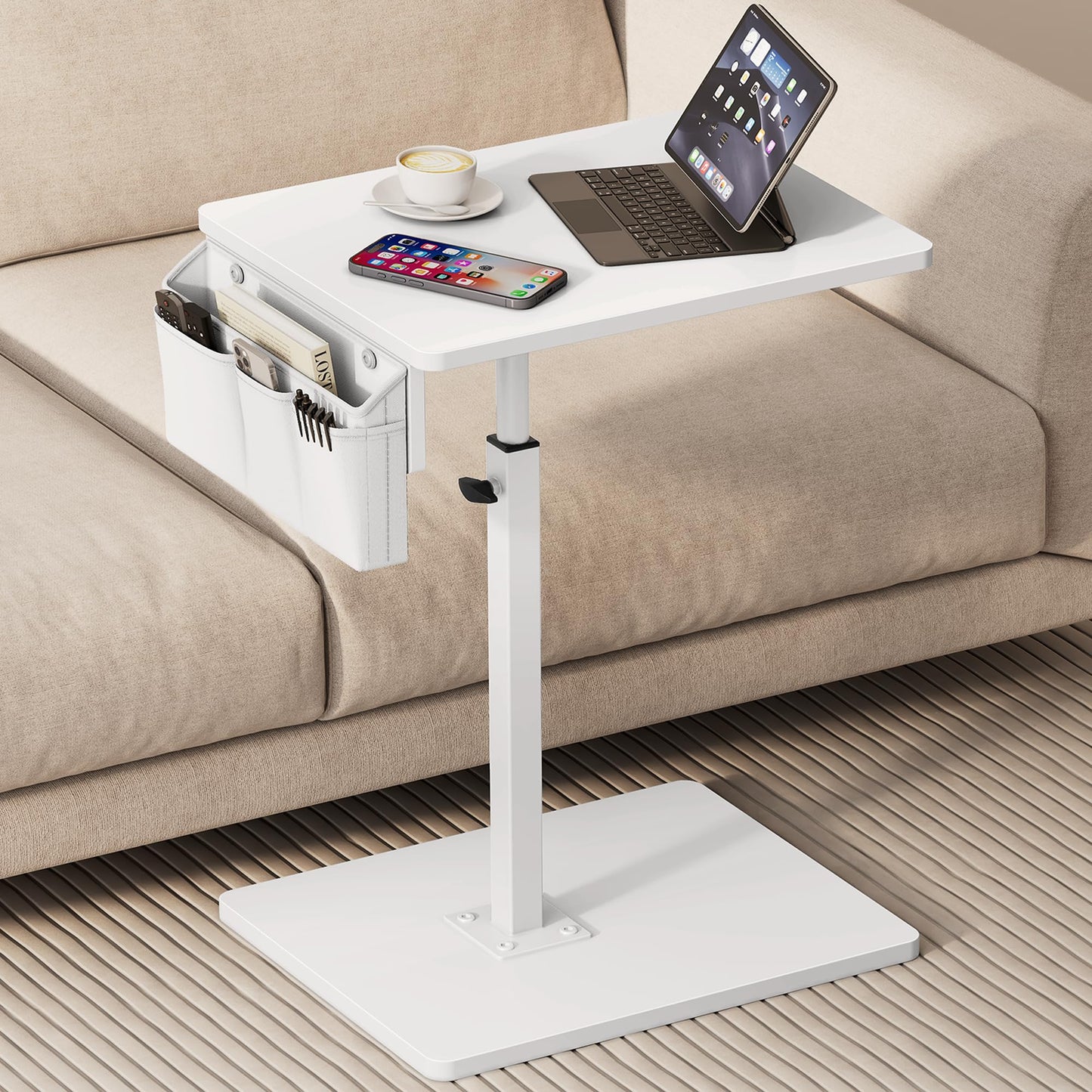 Vagusicc Sofa Armrest Tray Table for Couch, 360° Swivel Height Adjustable TV Tray Table for Small Spaces, Snack Side Table for Couch, Bed, Chair, C Shaped End Side Table for Eating, Reading, Laptop