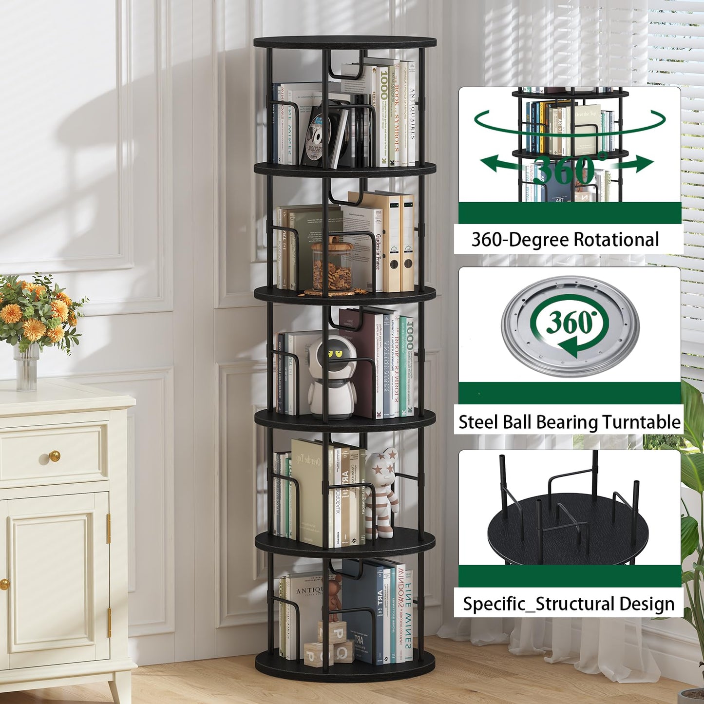 swlongbooks 5Tier Rotating Bookshelf, Spinning Bookshelf Tower,360 ° Display Space Saving Standing Round Swivel Bookcase Corner Storage Organizer for Bedroom Living Room Office，Black