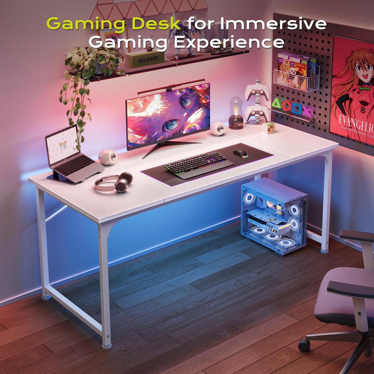 PRAISUN 55 Inch Computer Desk, Home Office Desk with Spacious Desktop, Modern Gaming Desk, Writing Study Table for Bedroom, Small Spaces, Work from Home Desk with Metal Frame, White