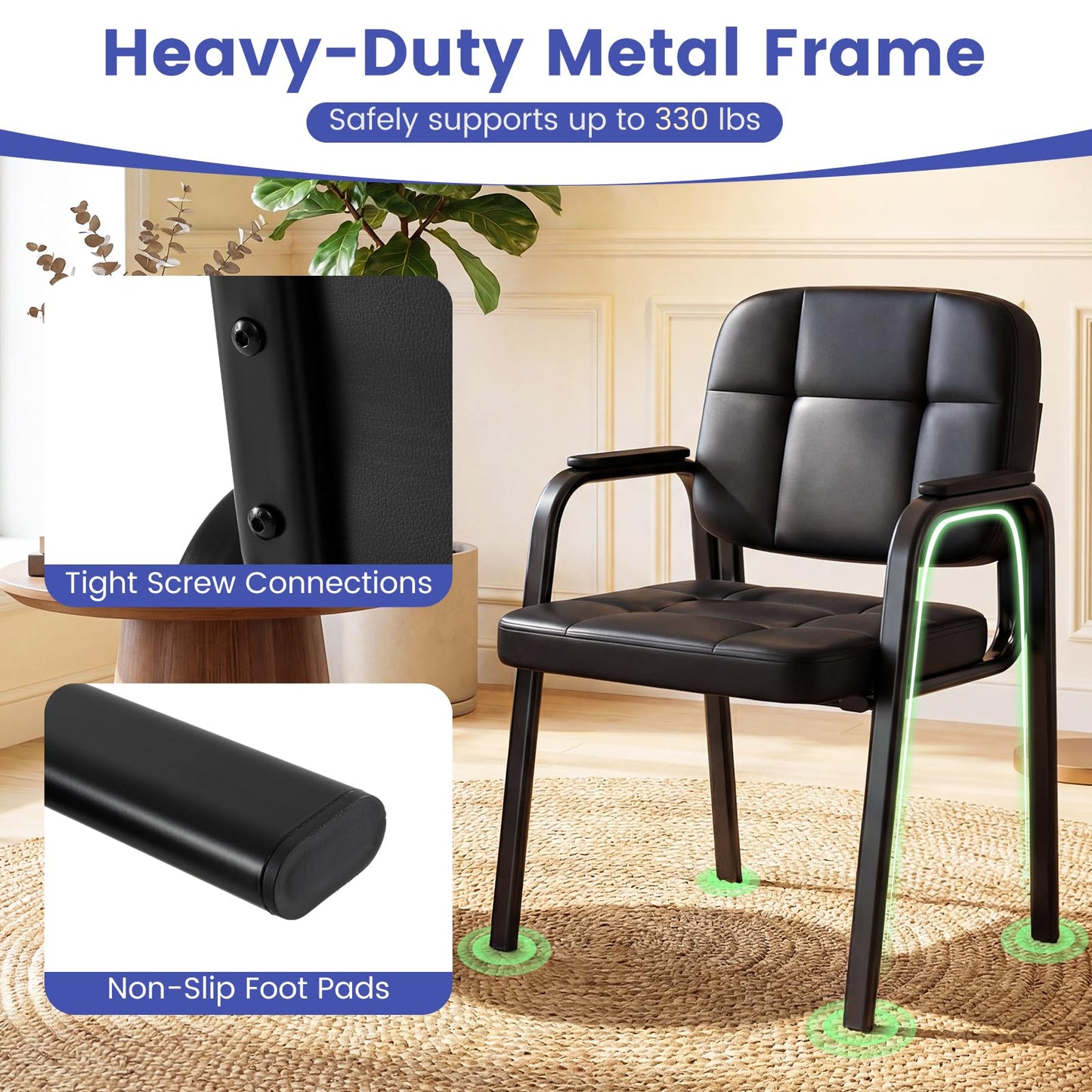Giantex Waiting Room Guest Chairs Set of 2, Leather Office Reception Chairs with Padded Armrests, Metal Frame, Stationary Side Chairs No Wheels for Conference Meeting Lobby Home, Black