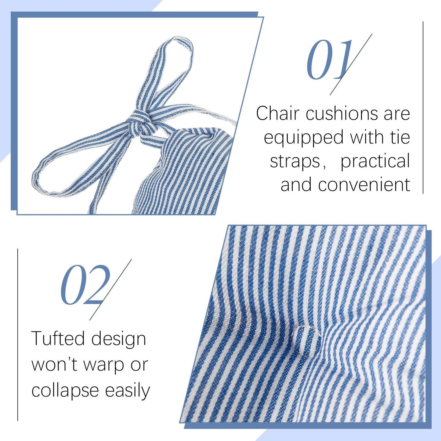 Geetery Blue and White 4 Pack Ticking Stripe Chair Cushions with Ties, 16"x15" Reversible Indoor Chair Pads for Dining Chairs, Soft Kitchen Seat Cushions for Home Office Living Room