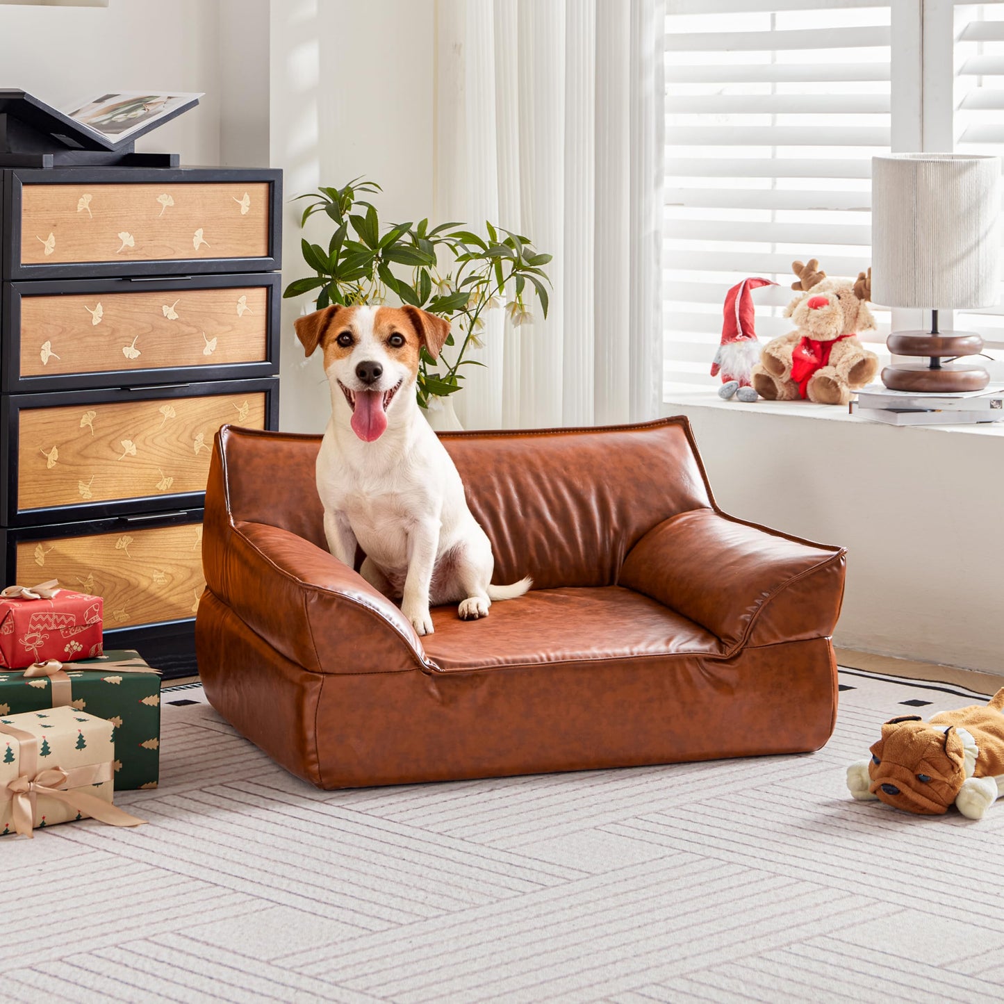 ATJafurn Dog Couch Bed Leather Cat Sofa for Small and Medium Pets Under 50 lbs, Brown Mid Century Modern Elevated Dog Sofa Chair Luxurious Indoor Furniture Style Pet Supplies for Puppy