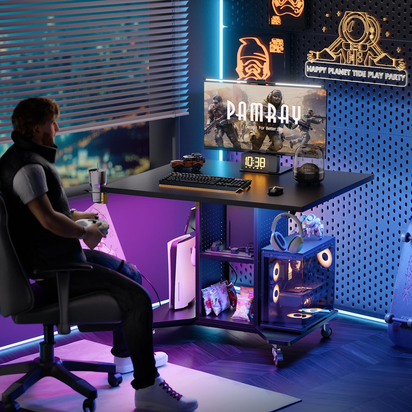 Pamray Small Gaming Desk Rolling Computer Table Balck
