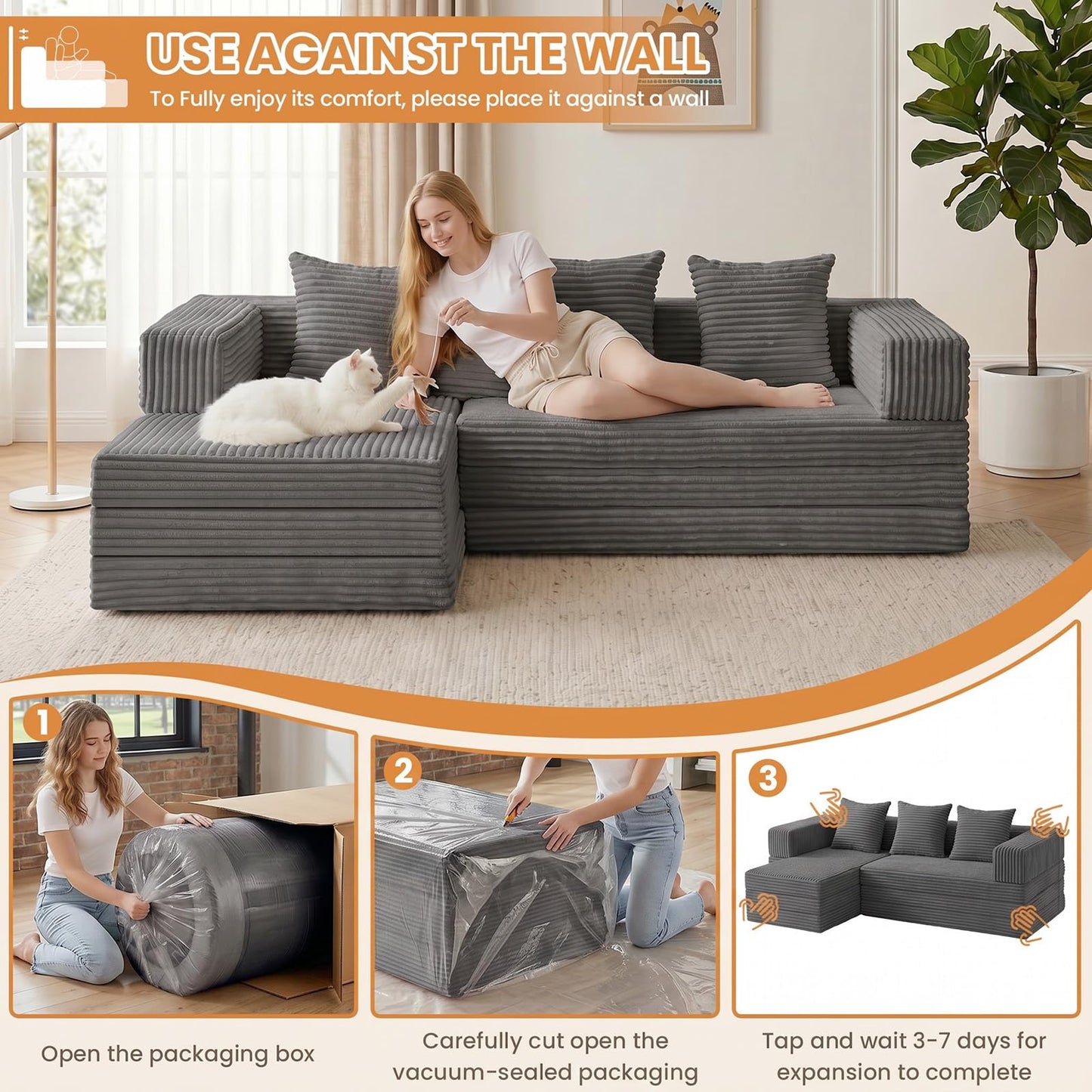 79" Modular Sectional Sofa, Boneless Convertible Sleeper Sofa Bed, Modern Tri-Folding Cloud Couch with L-Shape Chaise, Corduroy Futon for Living Room Small Spaces Apartment, No Assembly,Grey