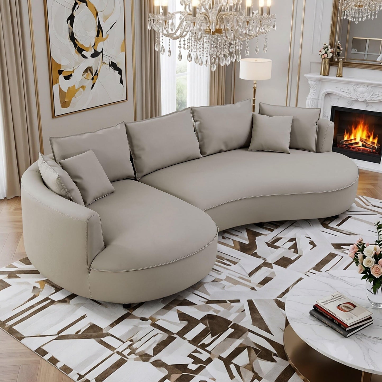 BBTJOINT L Shape Curved Sectional for Living Room, Bonded Leather Upholstered Furniture Sofa, Round Couch with semicircualr Chaise,Light Grey