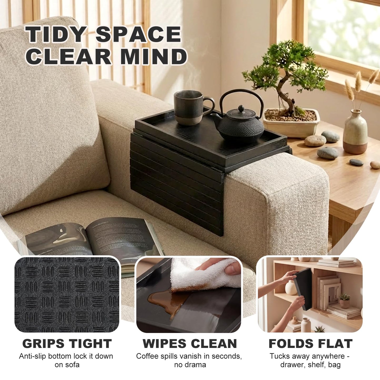 B-Zefyrn Sofa Arm Tray, Foldable Bamboo Couch Armrest Table with Large 12.5" x 5.8" Storage Compartment, Portable Chair Couch Caddy Arm Tray for Cup TV Snacks Phone