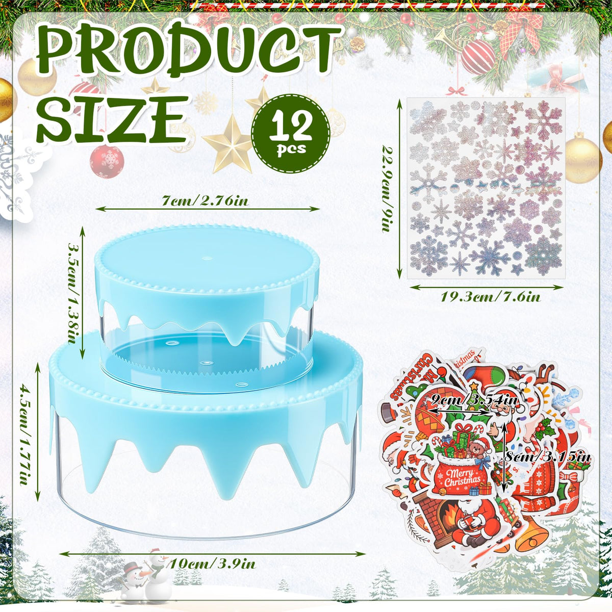 Potchen 12 Pcs Christmas Cookie Container with Lids Small Plastic Stackable Christmas Cookie Jars Xmas Snack Candy Goodie Boxes with Lid and Sticker for Holiday Gift Giving Baking Storage, Two Size