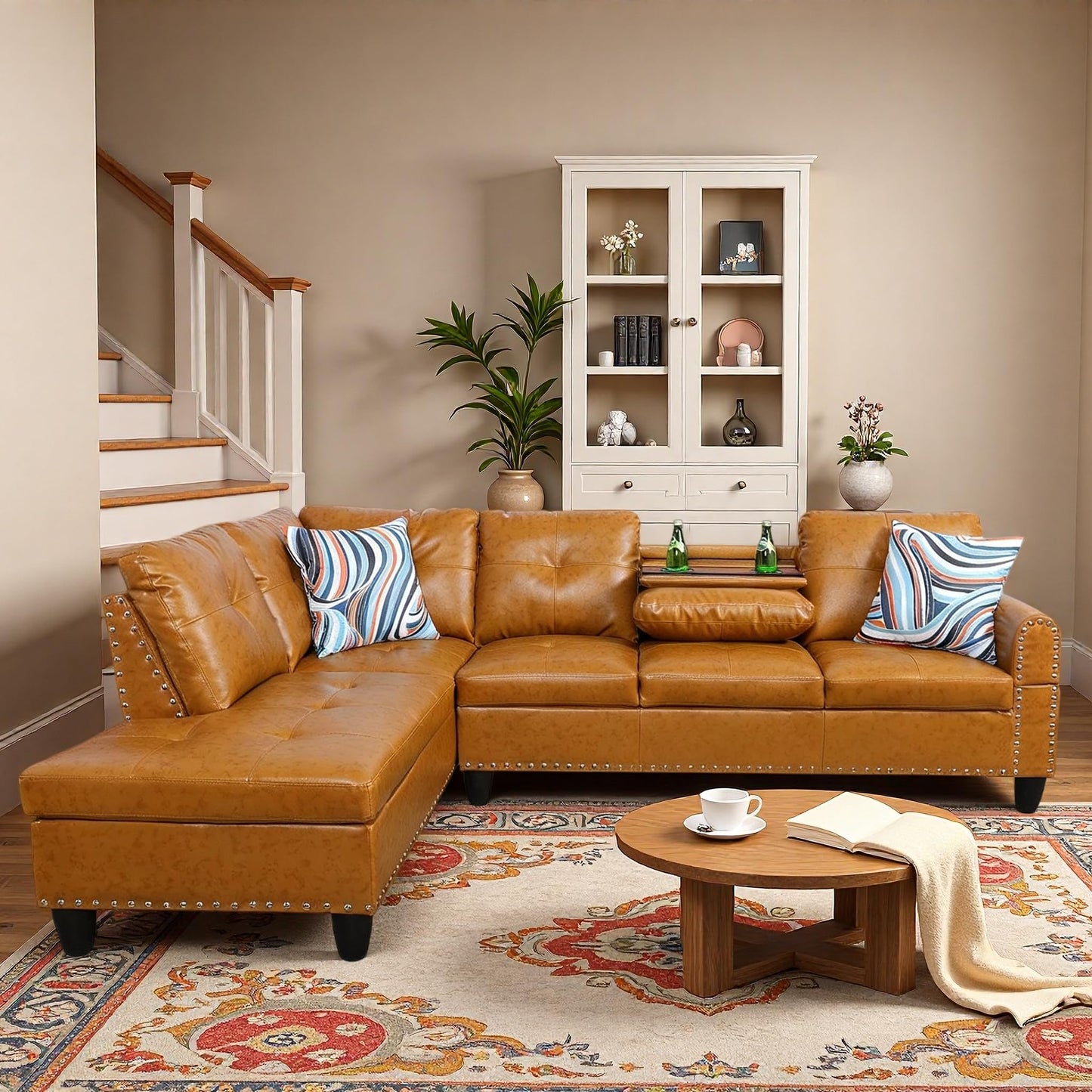 Trygoal L-Shaped Sectional Sofa, Modern 4-Seat Couch with Built-in Cup Holders, Leather Sectional Couch with Left Facing Chaise for Living Room, Apartment, Office, Ginger