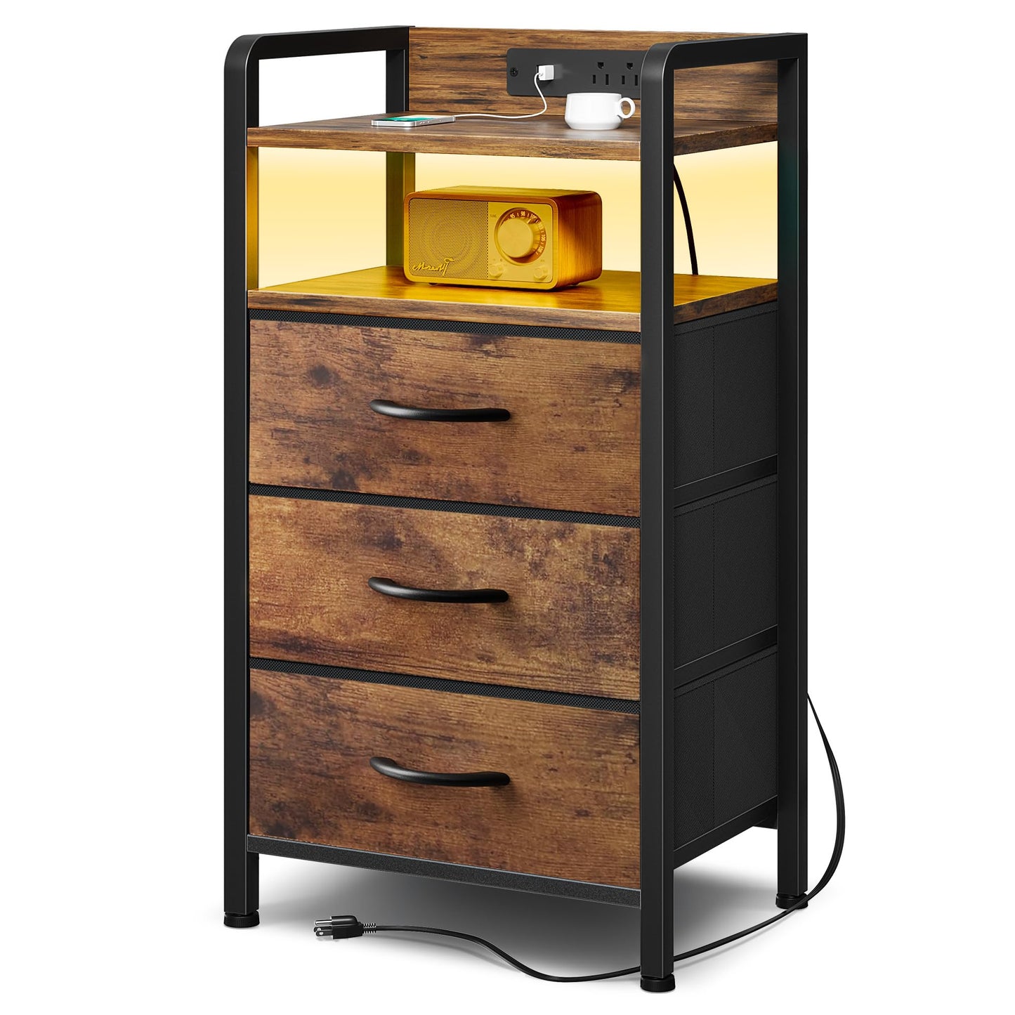 Lazzanto Night Stand Bedside Table Bedroom - Nightstand with Charging Station & LED Light Strip, Bed Side End Table with Storage Shelf & 3 Fabric Drawers, U-S-B Ports & AC Outlets, Rustic Brown