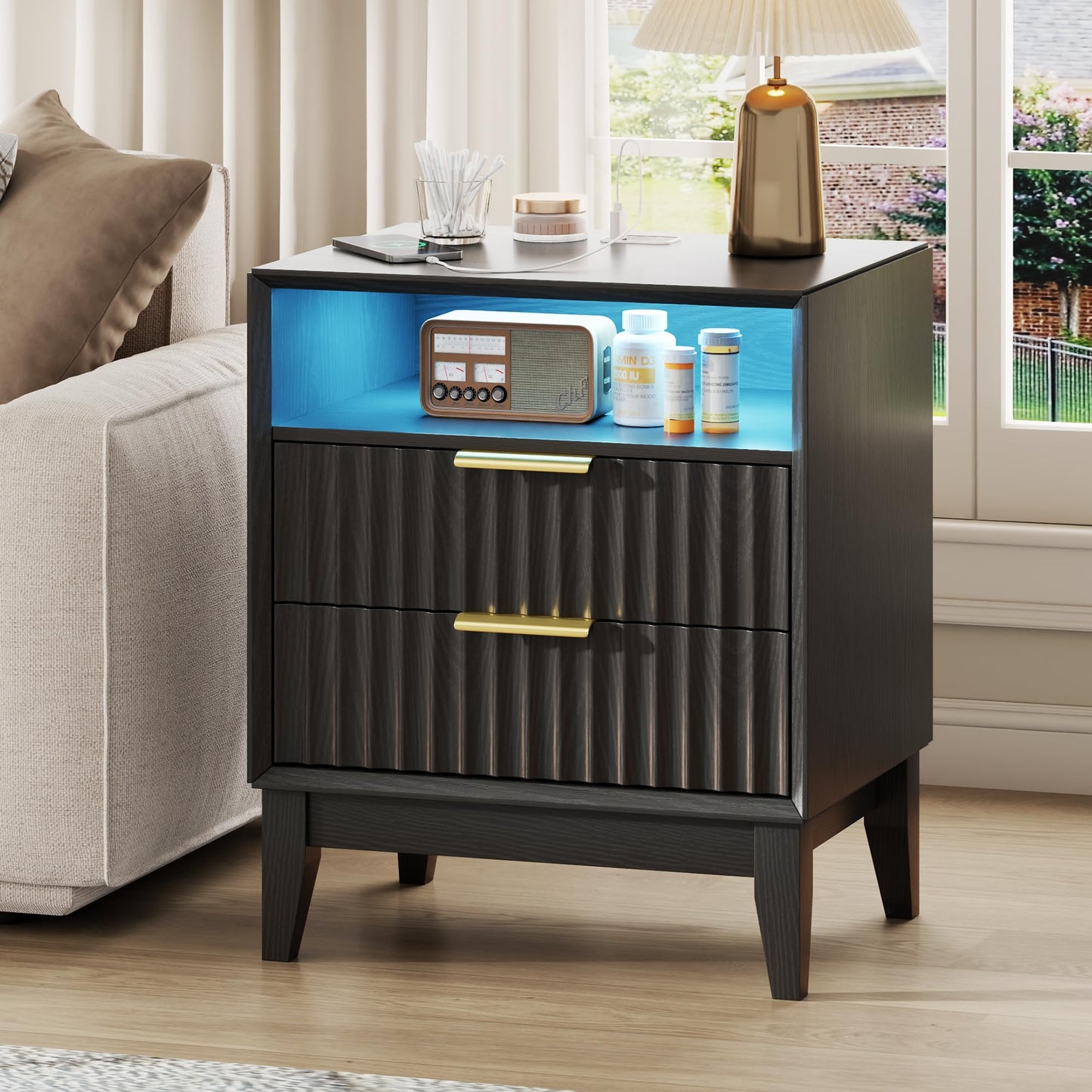 LVSOMT 20'W Fluted Nightstand with Charging Station, LED Night Stand with RFID Lock Hidden Drawer, Mid Century Modern Bedside Table for Bedroom, 2 Drawers and Open Storage Cubby, Black
