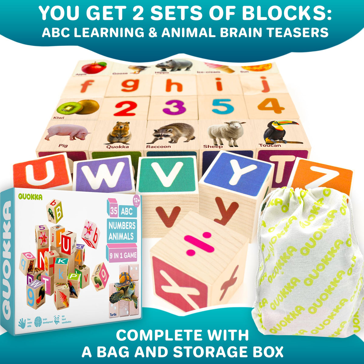 QUOKKA Montessori Wooden Blocks for Toddlers 1-3 - 35 Realistic ABC Learning Baby Blocks for Kids 3-5 Year Olds - Stacking Alphabet Wood Toys for 2-4 yo - Learn Letters Numbers