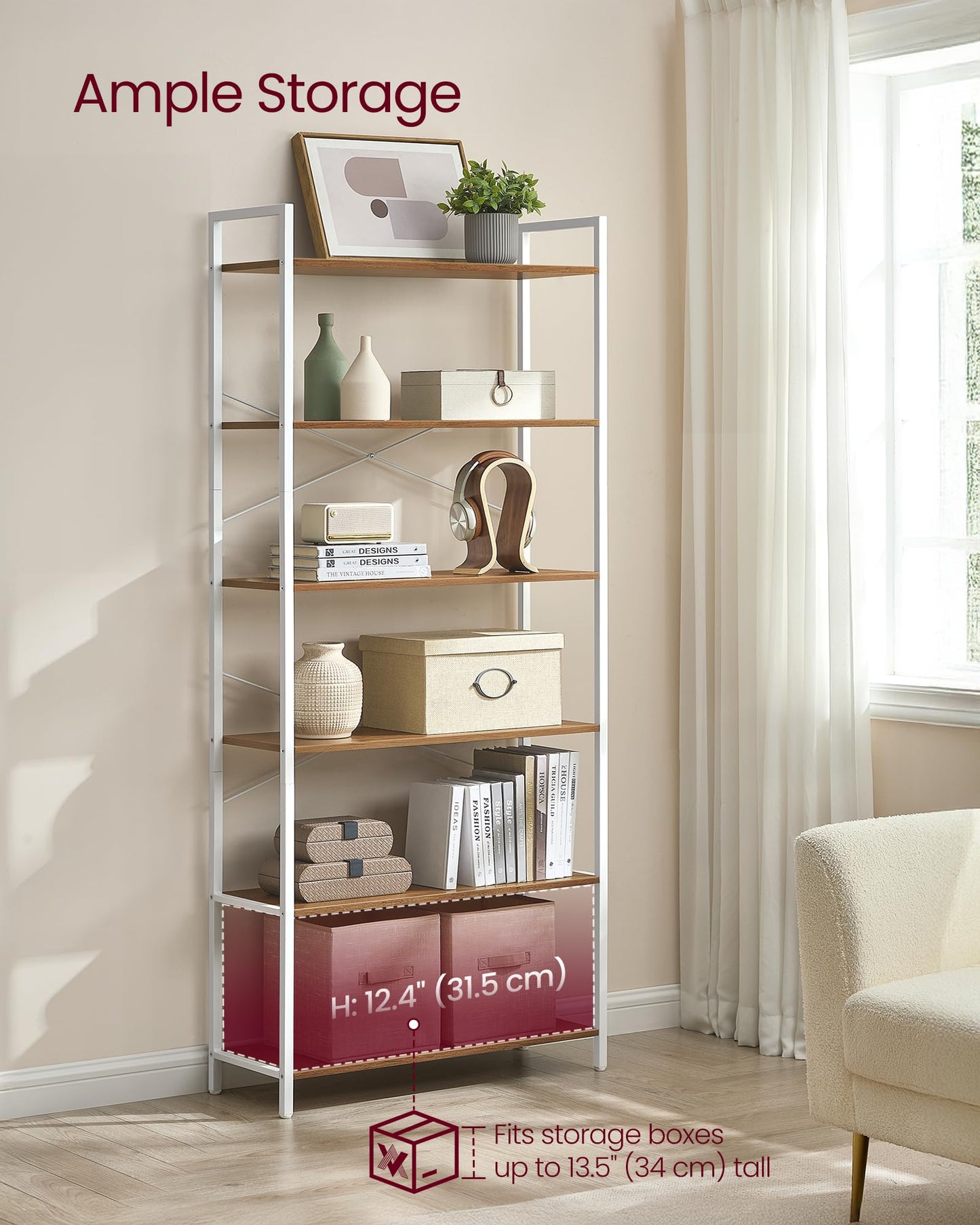 VASAGLE 6-Tier Bookshelf, Bookcase with Steel Frame, Book Shelf for Living Room, Home Office, Study, 11.8 x 31.5 x 73.2 Inches, Industrial Style, Honey Brown and Cloud White ULLS082K01