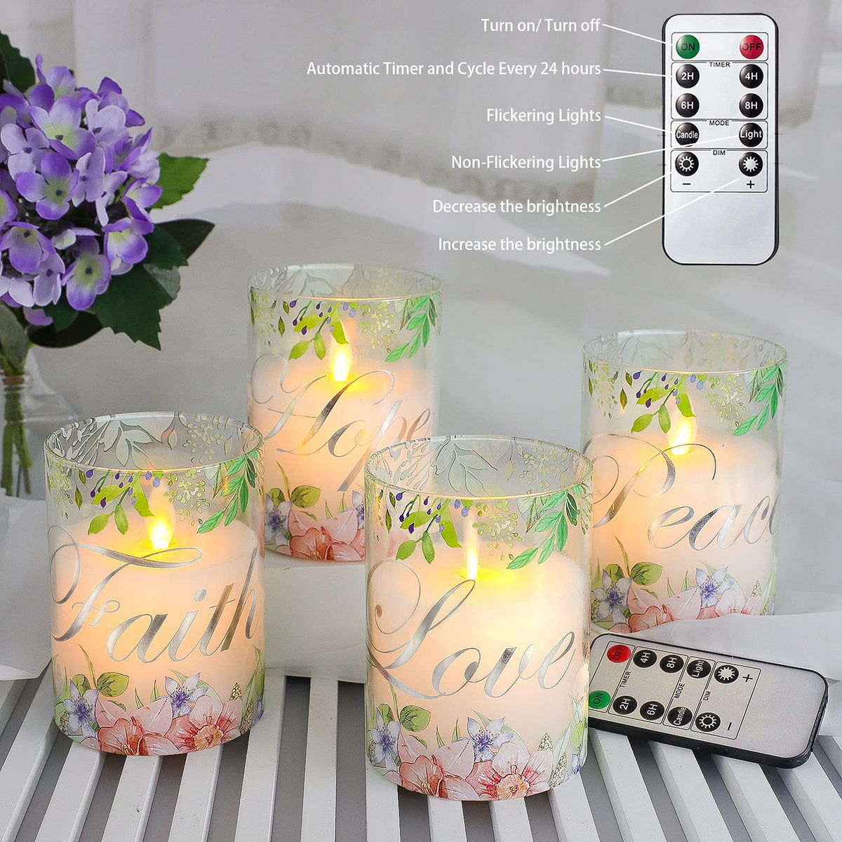 PETRISTRIKE Pink Flameless Pillar Candles, Glass Led Candles Battery Operated with Remote/Timer, Set of 4 Candles Set for Woman Gifts, Mother's Day, Centerpiece Decor