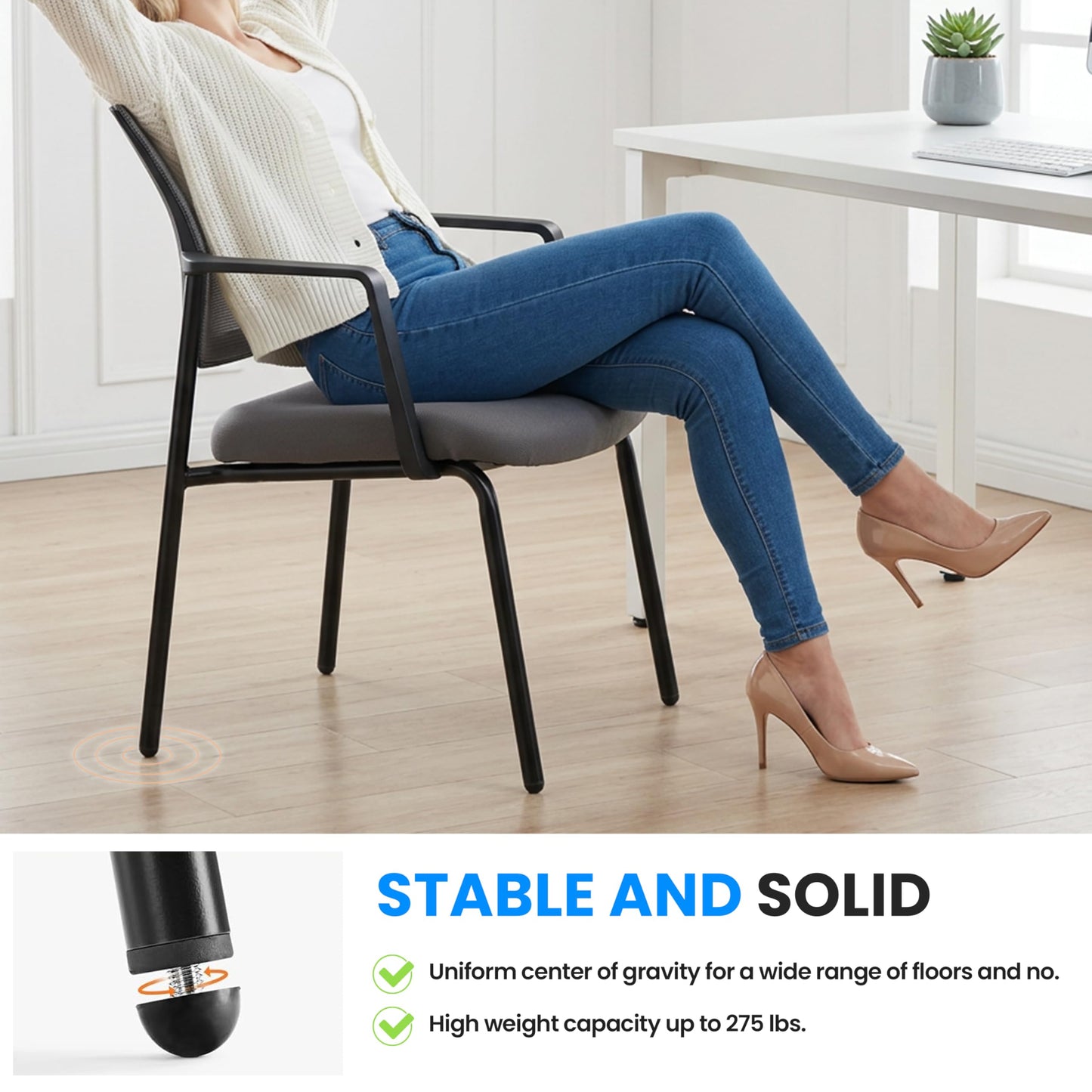 Simple Deluxe Guest Waiting Room Office Arm Chairs, Mesh Back & Ergonomic Support, Stacking Padded Fabric Seat, No Wheel for Reception Meeting Conference Rest for Home Lobby Computer Desk, Grey