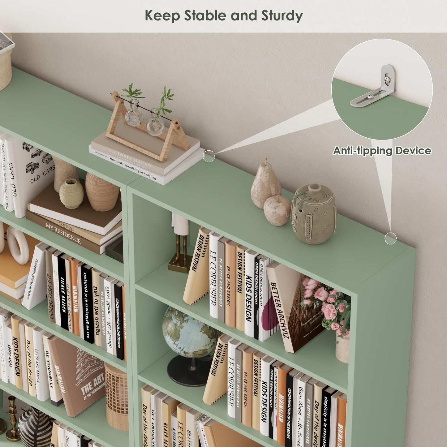 FOTOSOK 6-Tier Open Bookcase and Bookshelf, Freestanding Display Storage Shelves Tall Bookcase for Bedroom, Living Room and Office, Green