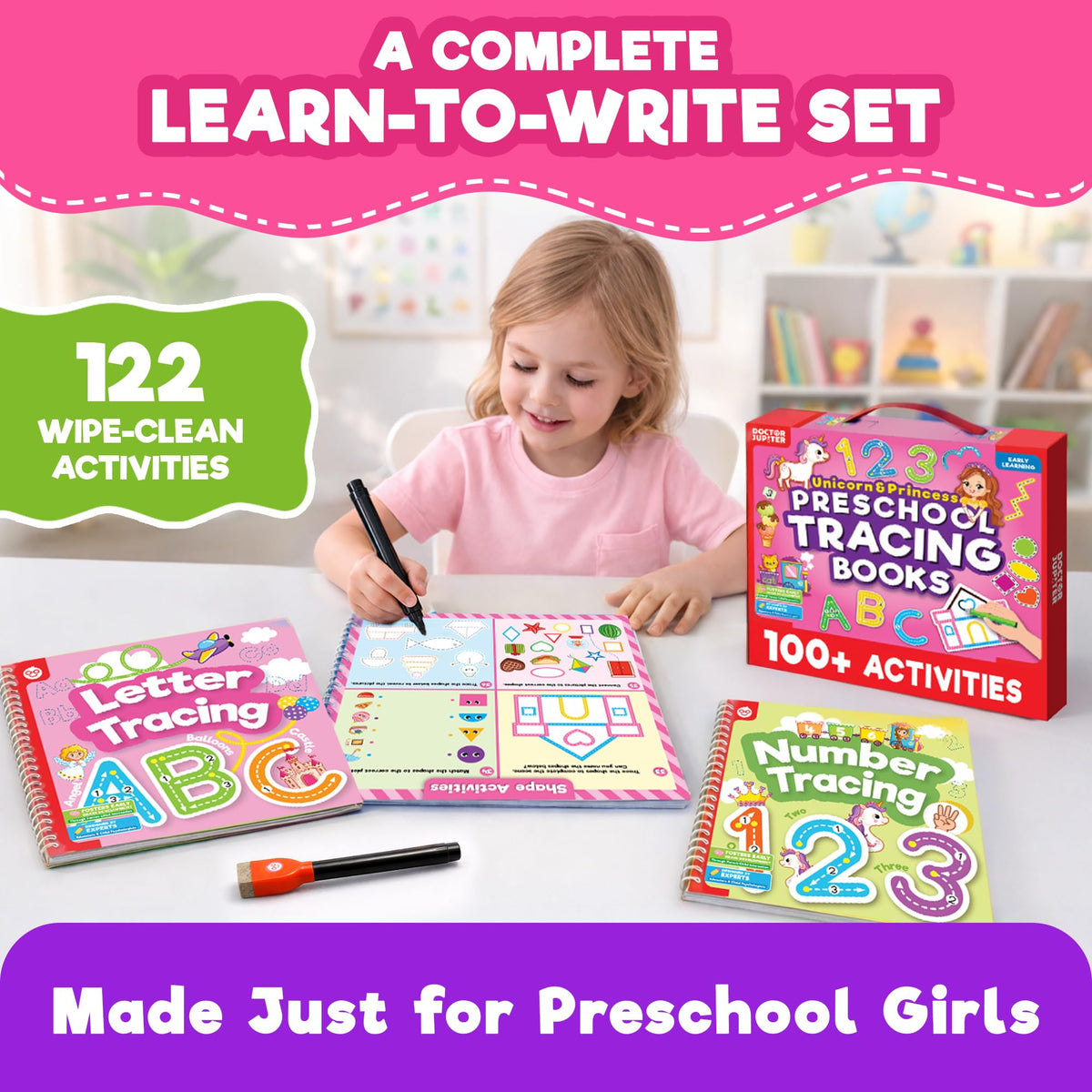 Doctor Jupiter Preschool Tracing Books for Toddlers, 3+ Year Old Kids |Learning Activity Books, Unicorn & Princess Educational Toys, 100+ Wipe Clean Preschool & Kindergarten Activities