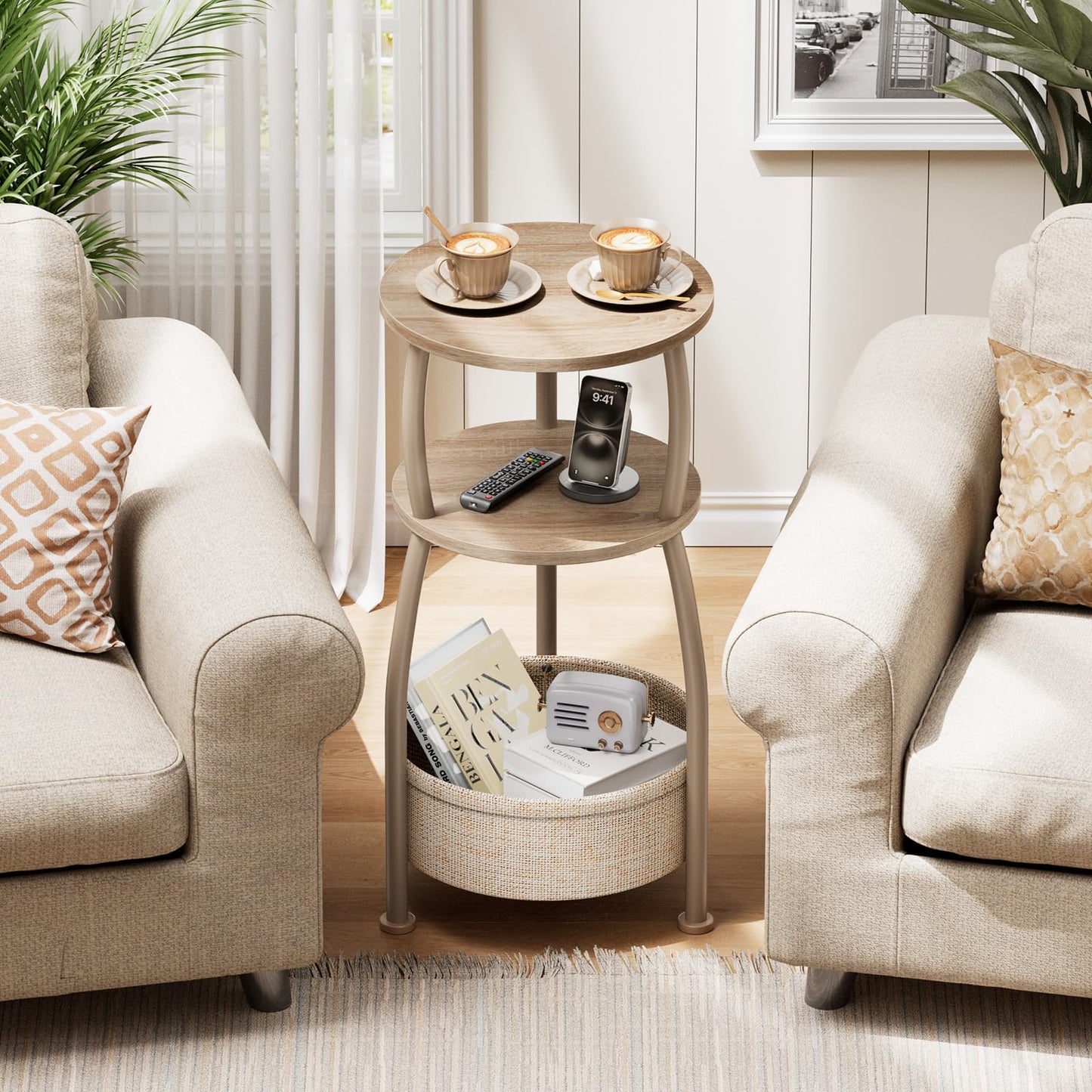 Yuede Small Side Table with Storage Basket, Space Saving Round End Table 3-Tier Bedside Corner Stand for Living Room, Bedroom, Garden and More 11.81in Light Oak