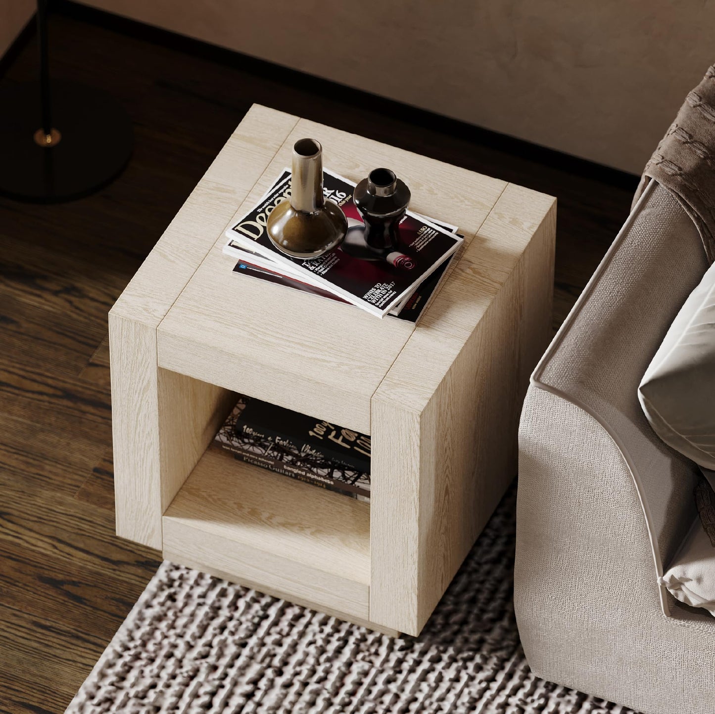 Maven Lane Artemis Side Table – 22 Inch Square Table with Storage – White Solid Wood – Ideal for Living Room and Bedroom