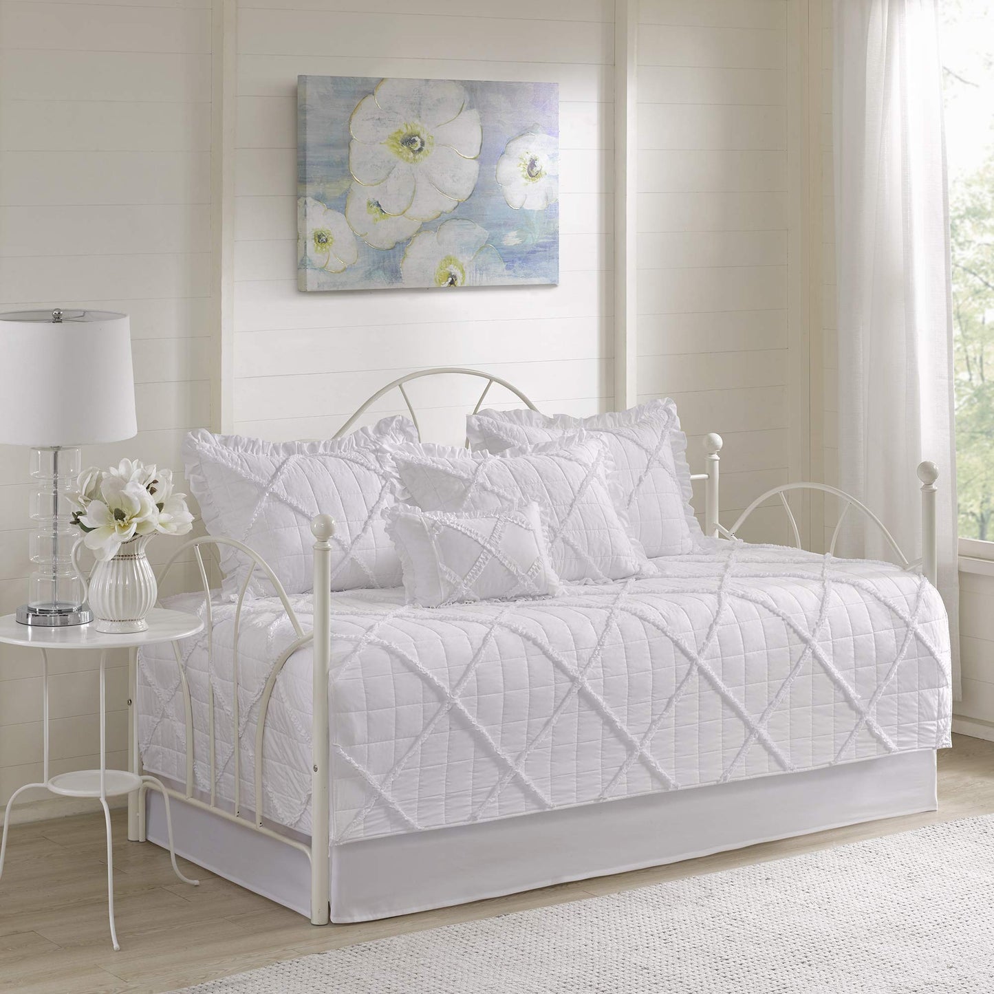 Madison Park Daybed Cover Set - Trendy Design, All Season Luxury Bedding with Bedskirt, Matching Shams, Decorative Pillow, Quilted Diamond Ruffle White 75"x39" 6 Piece