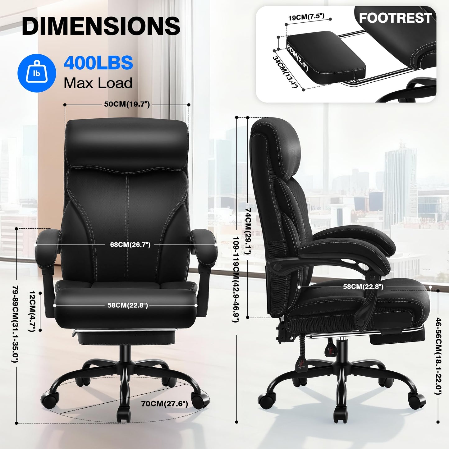 AreShark Ergonomic Office Chair with Footrest - High Back Executive Leather Desk Chair, Breathable Reclining Computer Chair with Lumbar Support, Heavy Duty Swivel Task Chair for Home Office & Gaming