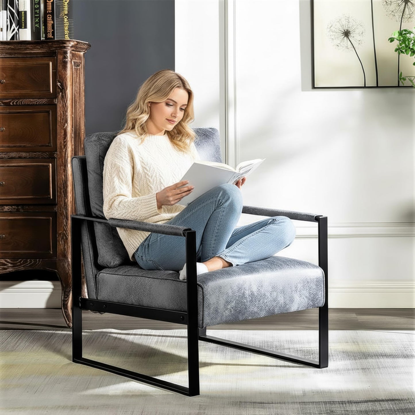 Container Furniture Classic Mid Century Modern Accent Chair with Durable Square Metal Frame, Armchair for Living Room, Bedroom, Home Office in Spotted Microfiber Upholstery, Grey