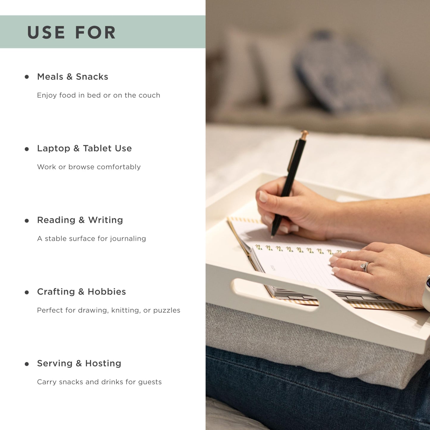 ROSSIE HOME Wood Bed Tray Lap Desk with Detachable Cushion, Serving Tray - Soft White - Fits up to 15.6 Inch Laptops - Style No. 76101