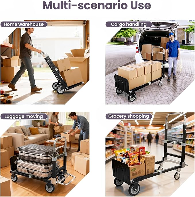 3-in-1 Folding Hand Trucks, 600Lbs Convertible Hand Truck Dolly, Heavy Duty