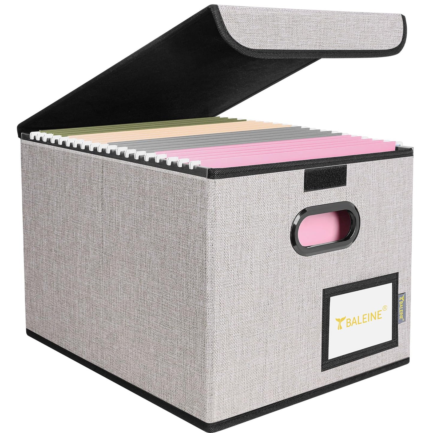 BALEINE File Organizer Box with Lid, Collapsible File Folder Organizer with Plastic Slide, Hanging File Folder Box for Office Document Storage (1 Pack, Beige)