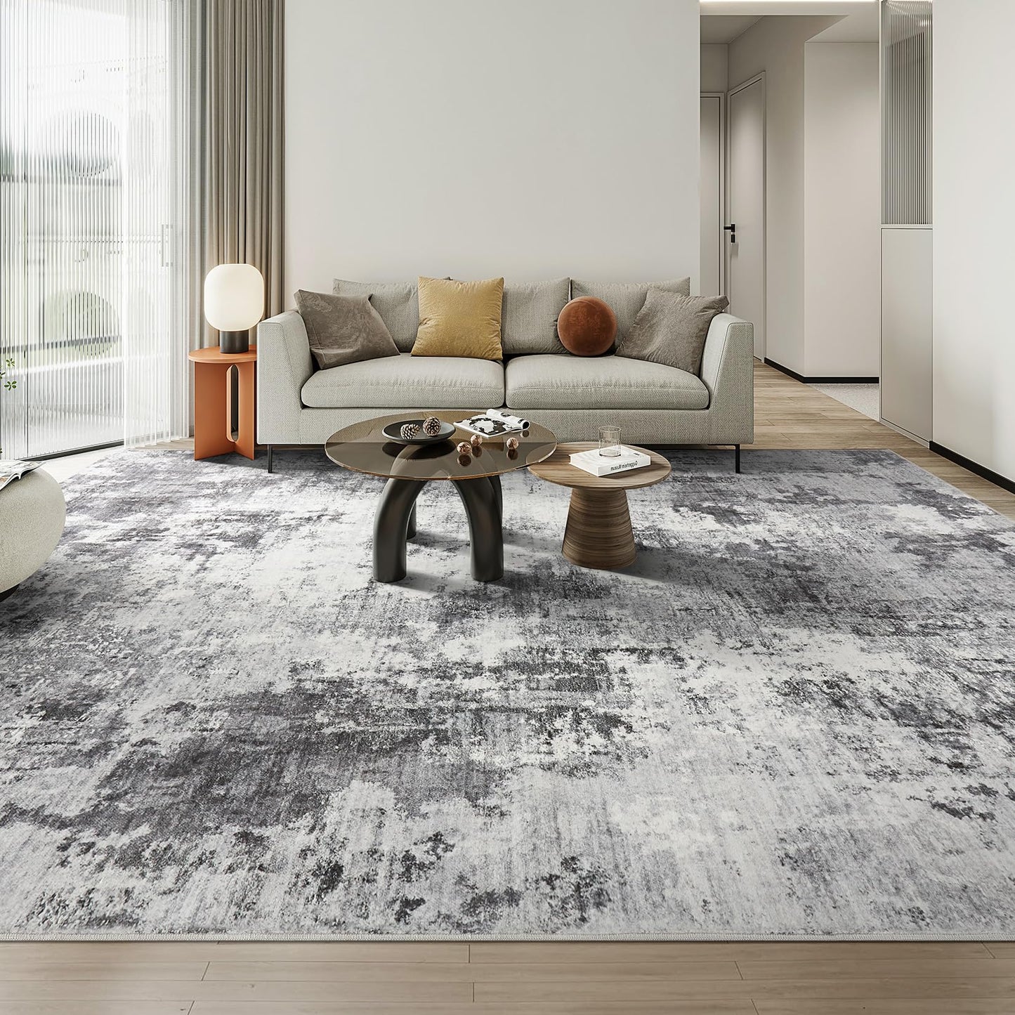 TARANCH Abstract 10x14 Area Rug: Machine Washable Non Slip Ultra Thin Low-Pile Carpet, Soft Stain Resistant for Living Dining Room Bedroom, Kid Pet Friendly, Robot Vacuum Compatible - Grey