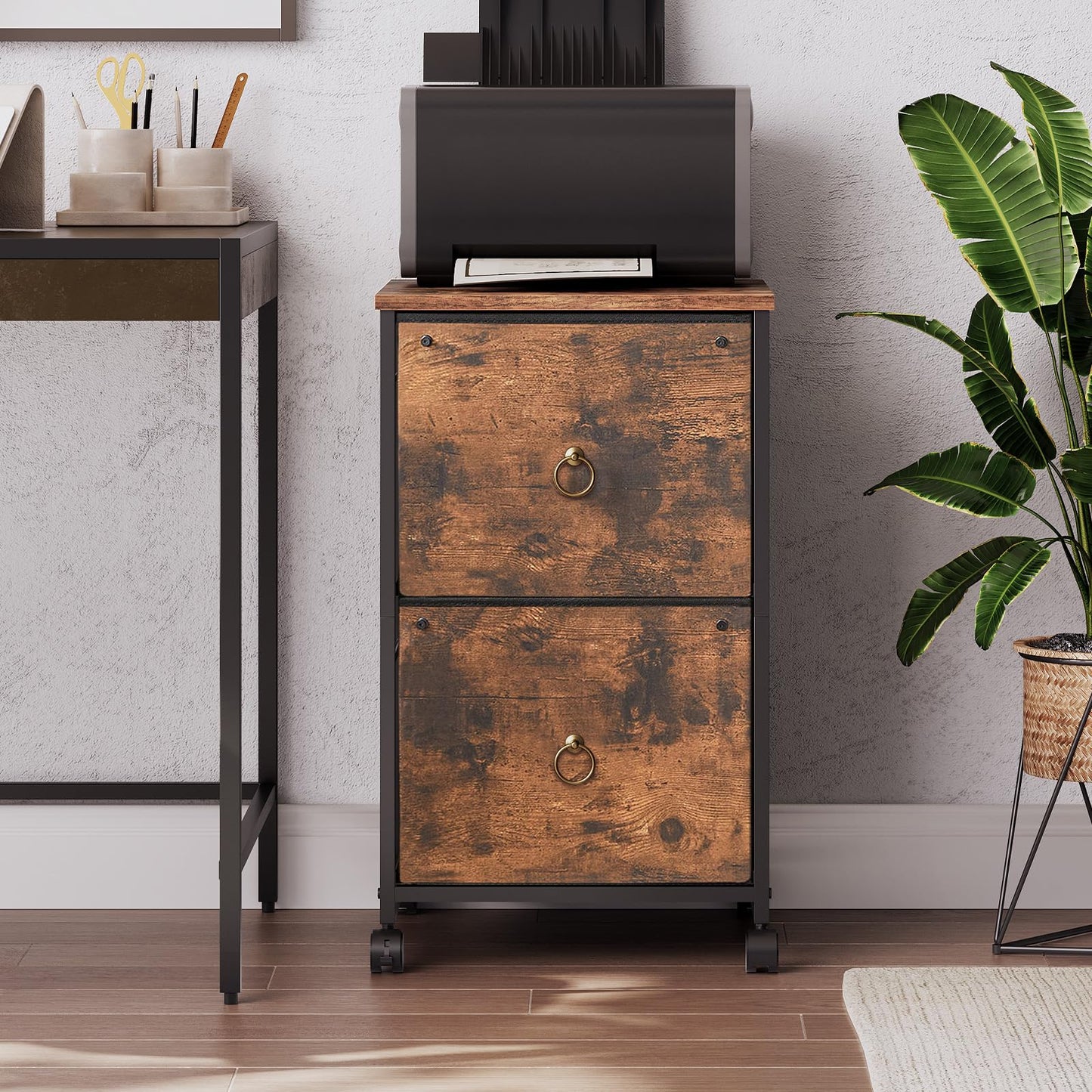 HOOBRO 2 Drawer Mobile File Cabinet, Rolling Printer Stand, Vertical Office Filing Cabinet for Home Office, A4/Letter Size, Nonwovens Drawer, Rustic Brown BF20WJ01