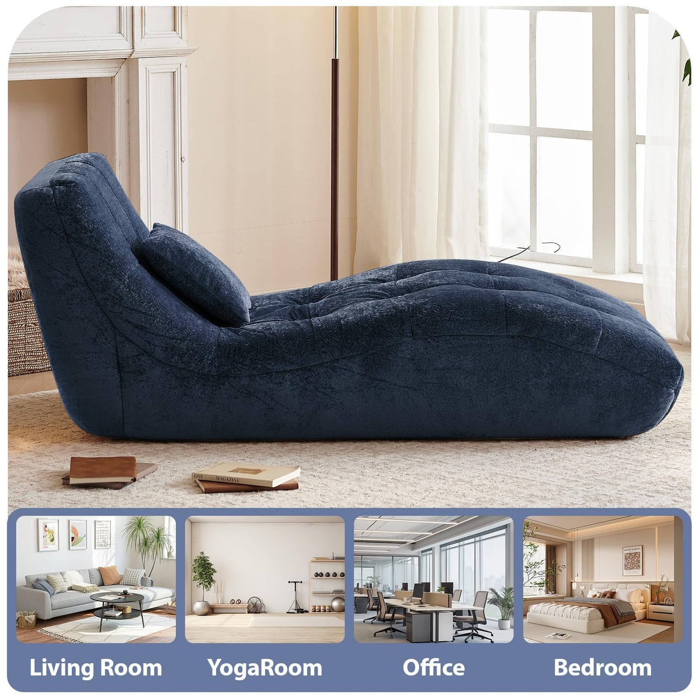 Huadeo Chaise Lounge Chair with Curved Back, Modern Upholstered Recliner Sofa, Tufted Accent Lounger Comfortable Lazy Chair for Bedroom, Apartment (Blue)