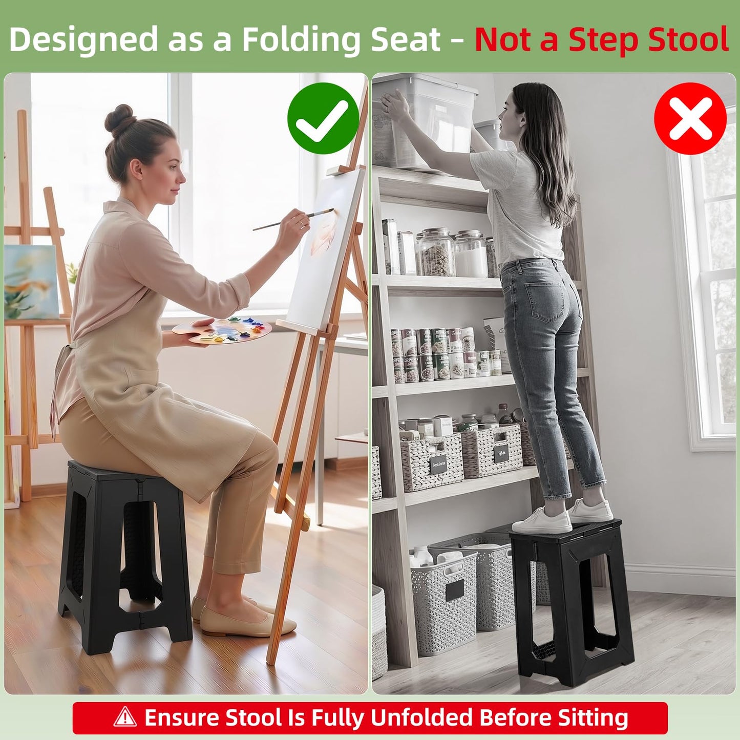 neotidy Foldable Stool Chair, 17.7” Tall Folding Seat for Adults up to 400 lb, Heavy-Duty Plastic Foldable Stool for Sitting, Portable Compact Folding Chair for Home Outdoor Camping, Black
