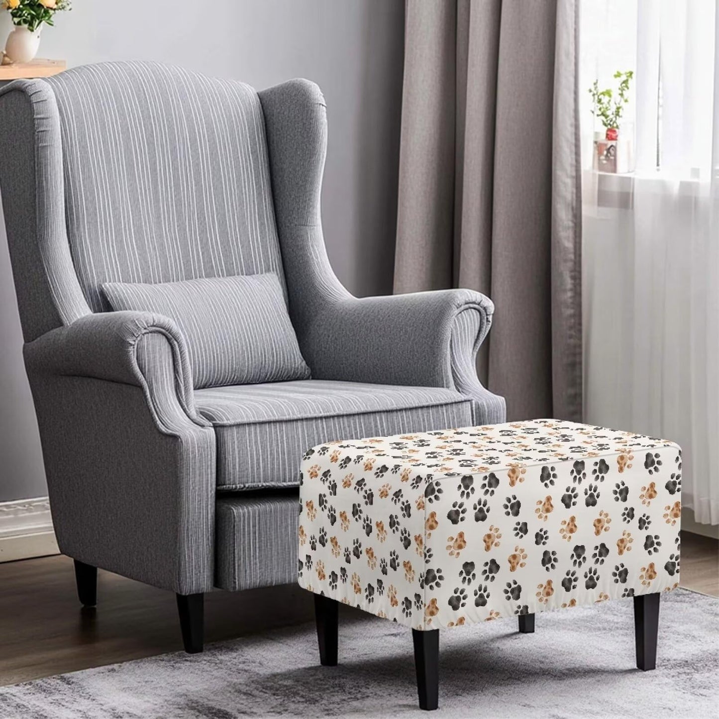 Cugasmaru Ottoman Cover Rectangle Pet Paw Print Ottoman Slip Cover with Pattern Small Bench Covers Slipcover Rectangle Furniture Protector with Elastic Bottom for Living Room Decor