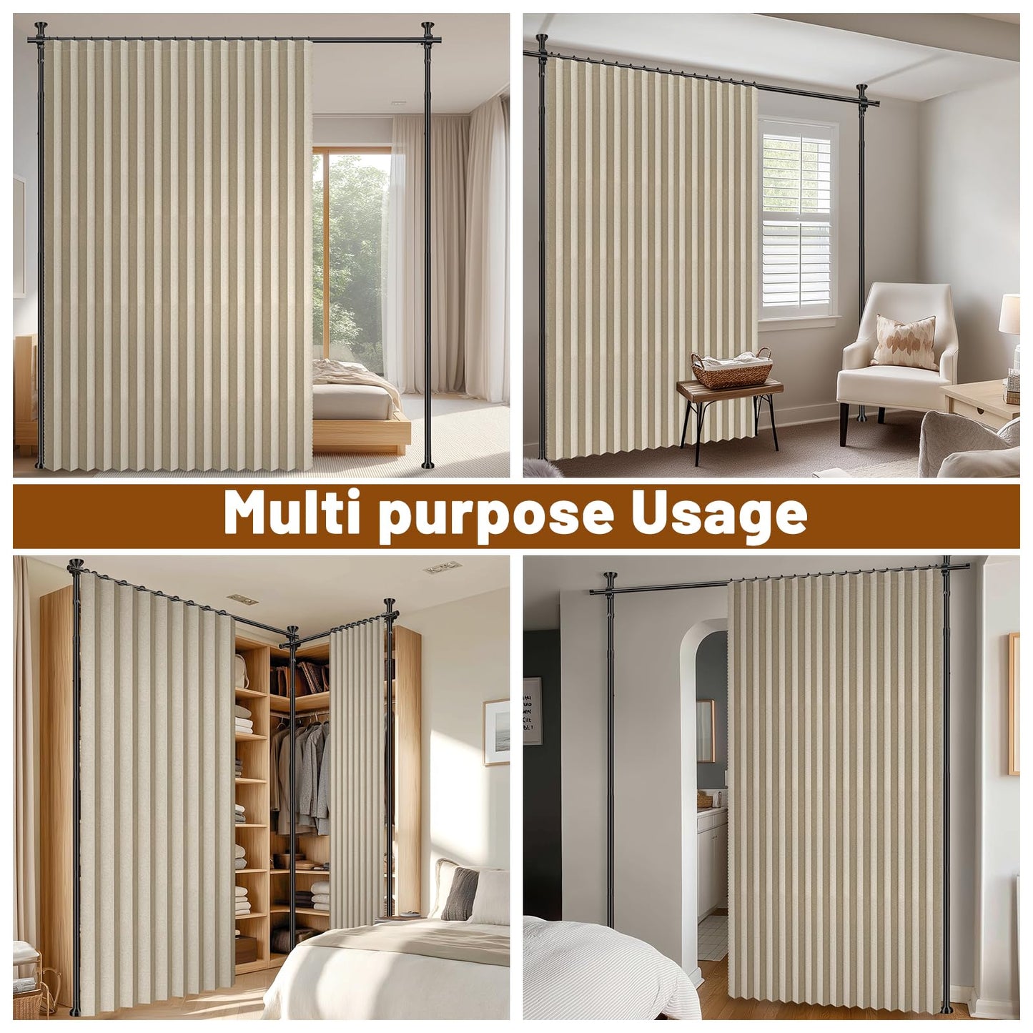100% Blackout Room Divider Curtains Sets Beige W100 x L84 in,1 Panel Curtain Rods No Drilling Adjustable Tension (H) 43-120×(W) 35-100 in Room Wall Divider for Apartment/Dorm