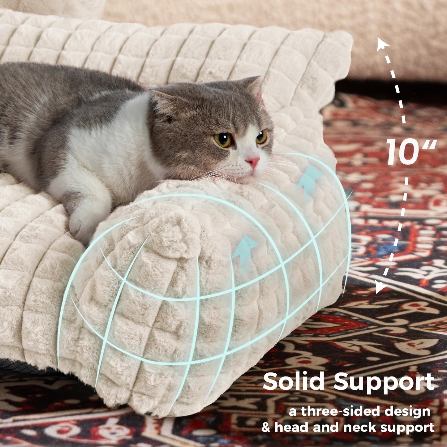 blunique Cat Beds for Indoor Cats - Cute Cat Couch Bed Fluffy Pet Sofa with Faux Rabbit Fur Washable Cover, Fuzzy Pet Couch in 3D Diamond Pattern, Suppportive Large & Small Cats Sofa, 24inch Off White