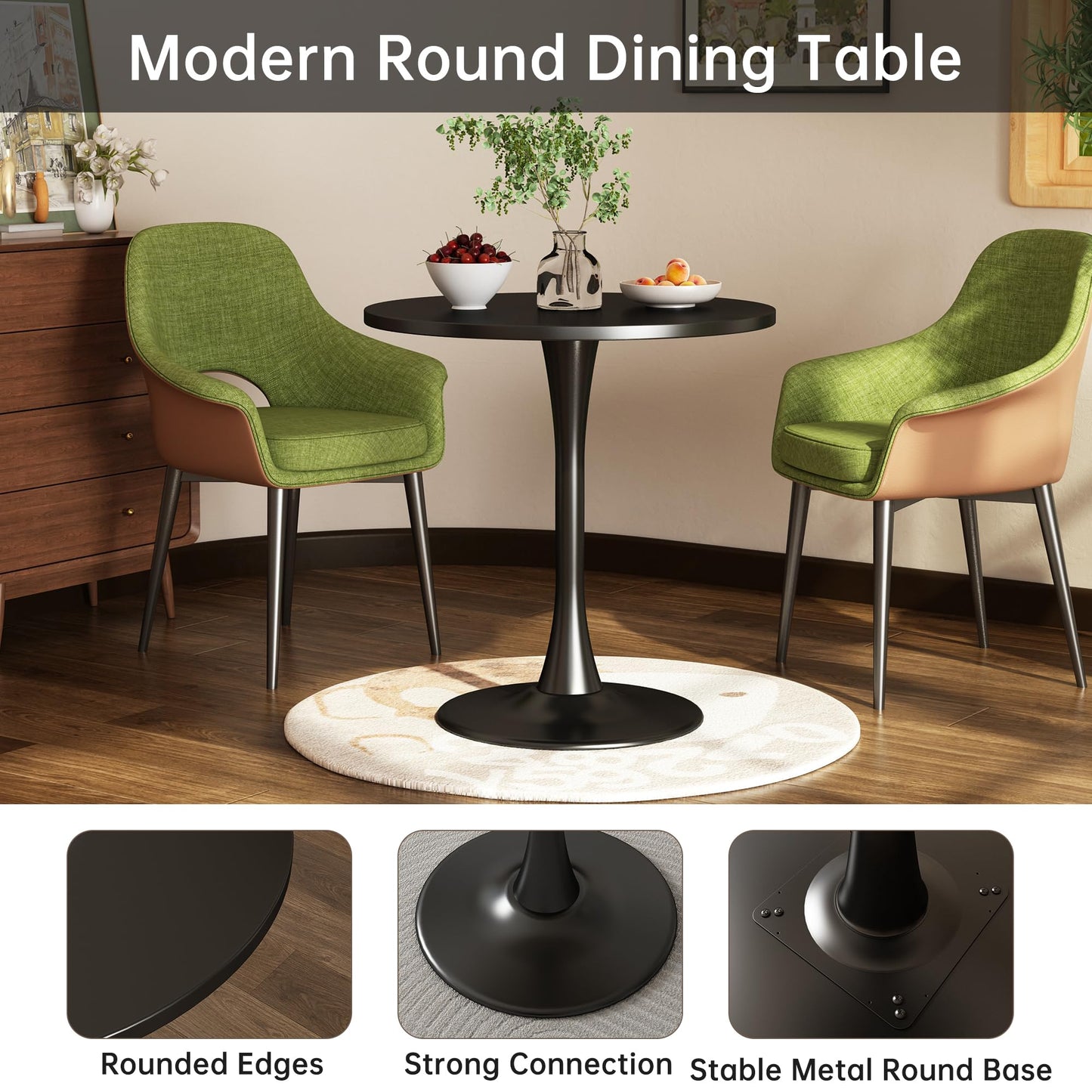 Kasinali Round Dining Table 31.5" Circle Tulip Table with Wood Thickened Tabletop & Sturdy Metal Pedestal Mid Century Modern Leisure Bistro Kitchen Tables 4 People Small Places Living Room Cafe,Black