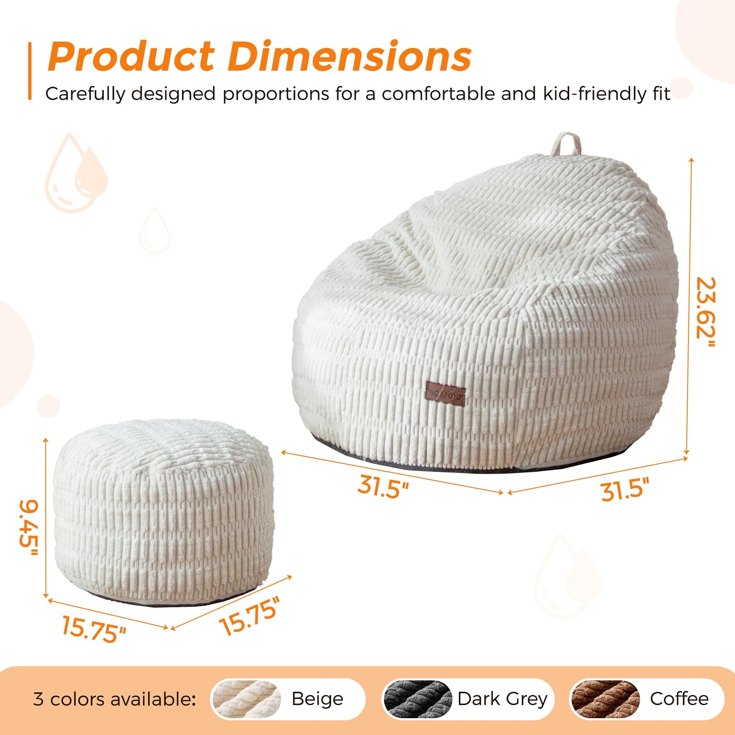 MAXYOYO Kids Bean Bag Chair with Ottoman, Soft Plush Bean Bag Sofa with Removable Cover for Boys and Girls, Convenient Floor Seat with Handle, Comfy Toddler Lounge Chair for Playroom, Bedroom, Beige
