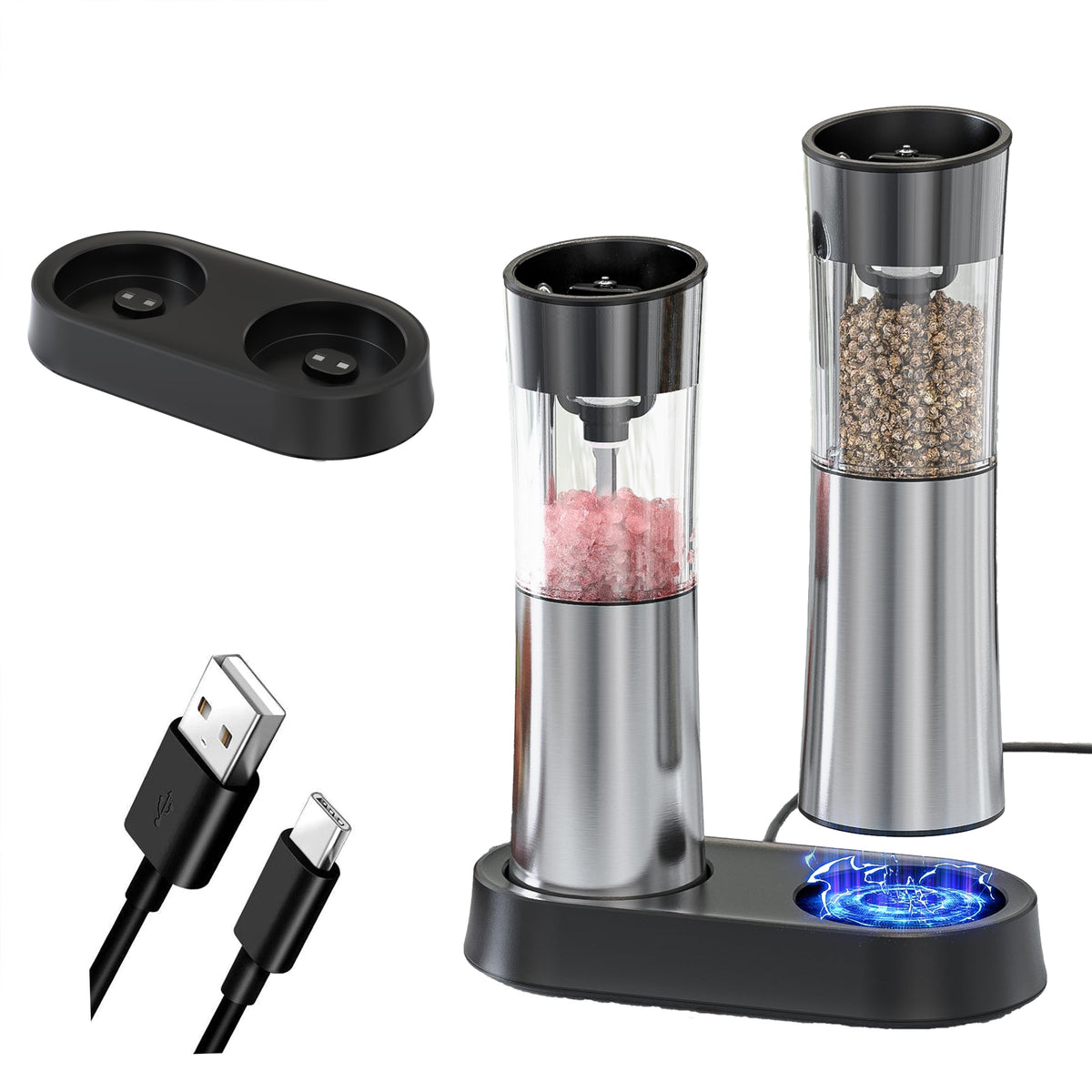 VITSOL Gravity Electric Salt and Pepper Grinder Set, No Battery Needed, One Handed Operation, Automatic Salt & Pepper Mill - Spice Grinder, LED Light (2 Pack) (Stainless Steel Silver)