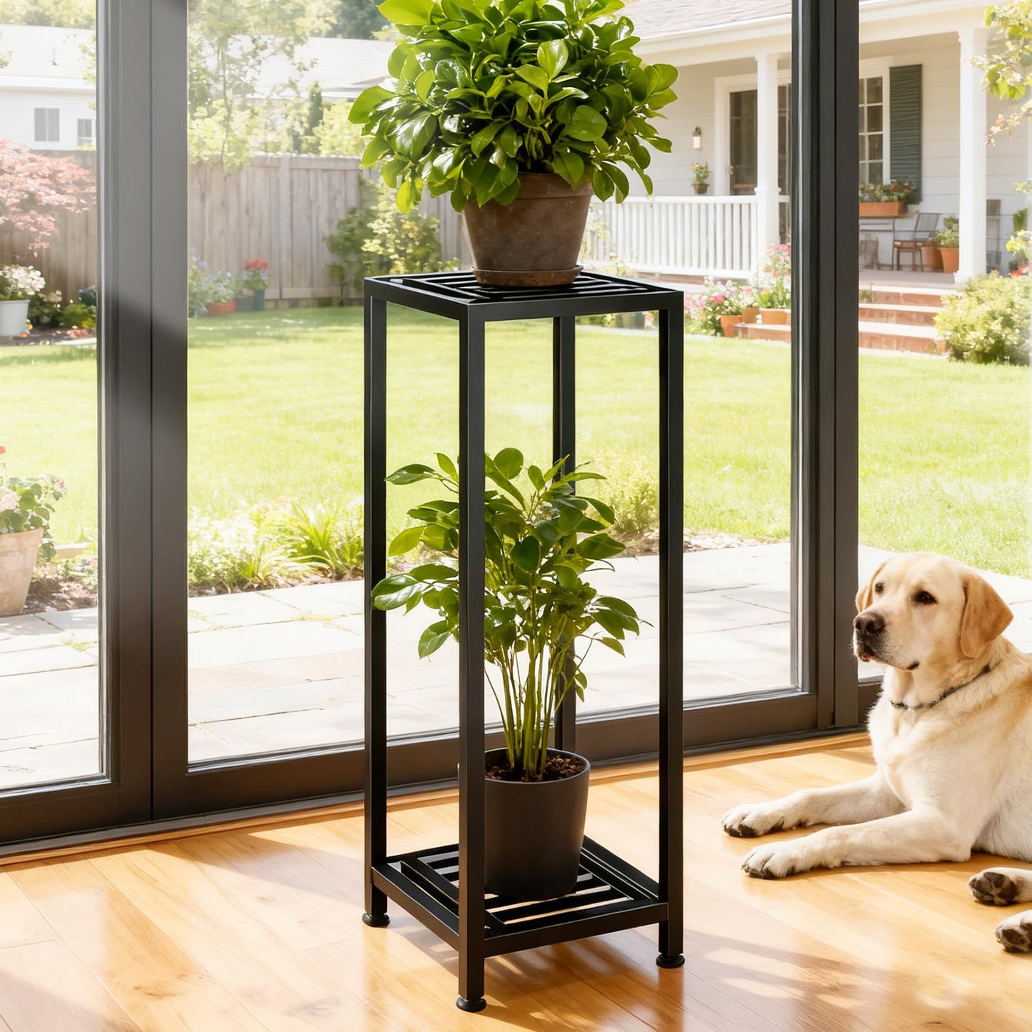 LUBORN Plant Stand Indoor Outdoor, 41'' Tall Wrought Iron Plant Stands, 2 Tier Heavy Duty Metal Pedestal Stand Decorative Flower Stand for Patio Garden Deck Living Room