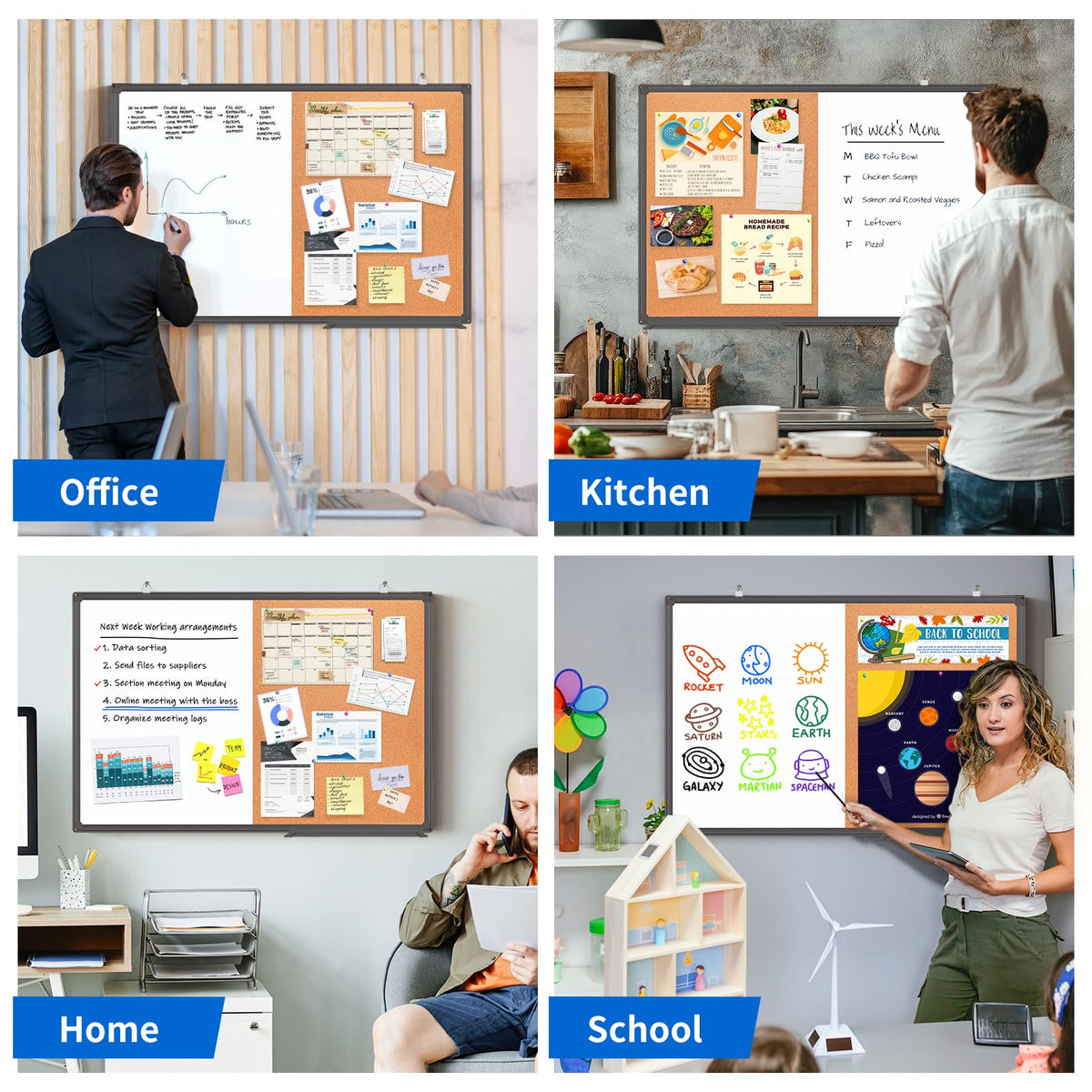 Magnetic White Board and Cork Board Combo, 24 X 18 inches Whiteboard Bulletin Combination Board, Wall Mounted Dry Erase Message Board for Home, School and Office, Black